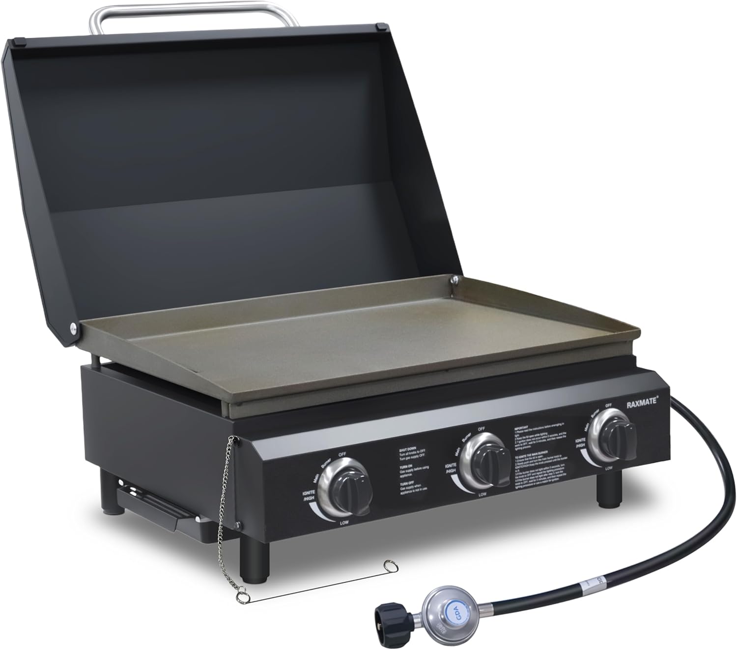 Tabletop Gas Griddle with Lid, 22 Inch 3 Burners Outdoor Portable Flat Top Gas Grill, 30,000 BTU Propane BBQ Griddle for Camping, RV, Tailgating