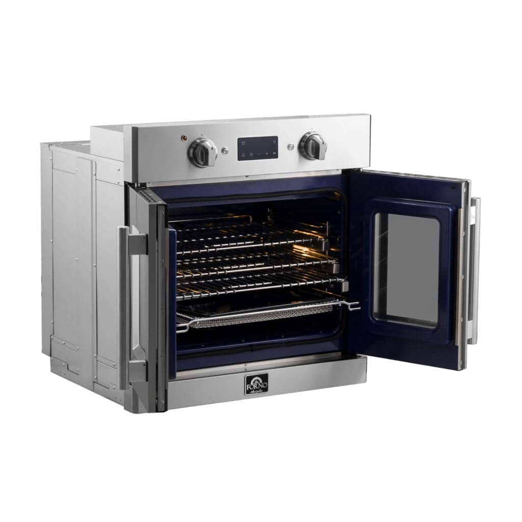 FORNO Gallico 30-Inch Electric French Door Stainless Steel Wall Oven - 240V 3500W 4.32 Cu. Ft. Electric with LED Display Screen - Wall Oven with Telescopic Racks with Air Fry and Drip Tray