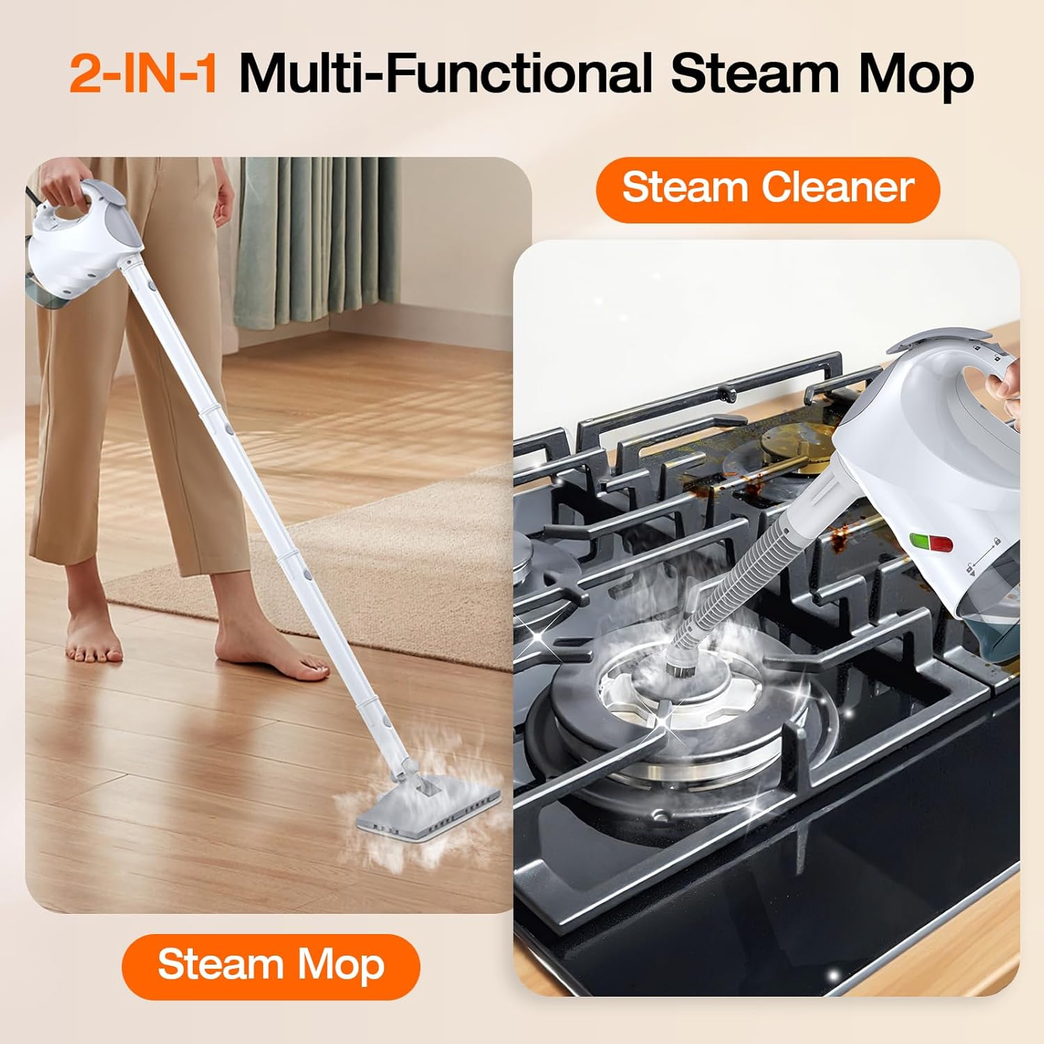 ScrubWiz 10-in-1 Steam Cleaner, Steam Mop & Detachable Handheld Steam Cleaner, 320ml Water Tank, 10s Fast Heating, Portable Steamer for Kitchen, Floor, Tiles, Home, BBQ, Ergonomic Handle, Bright White