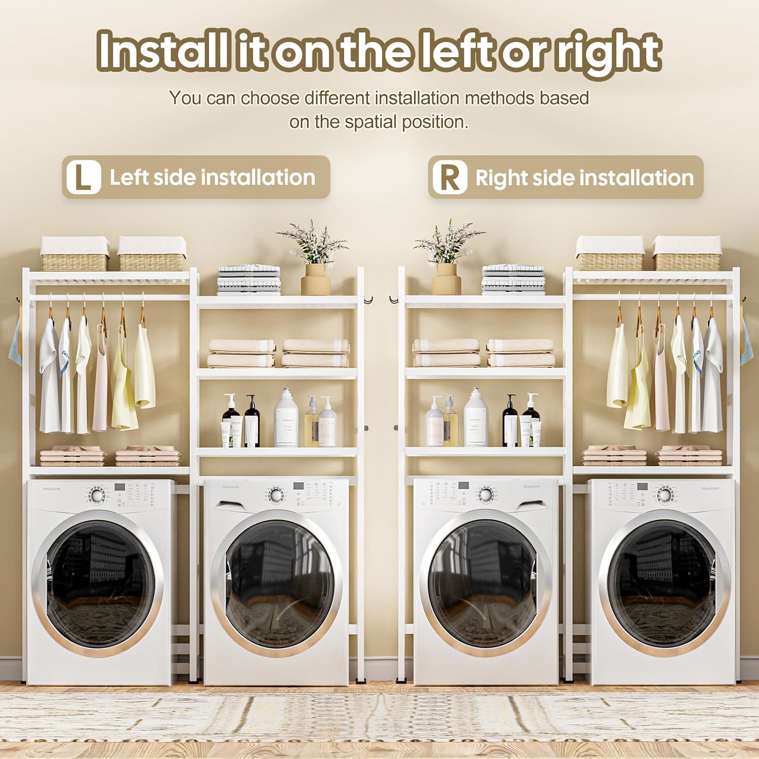 Over The Washer and Dryer Storage Shelf Bamboo,5 Tiers Laundry Room Drying Rack with Adjustable Shelves and 4 Hooks,Space Saver Organizer for Hanging Clothes and Towels (White)