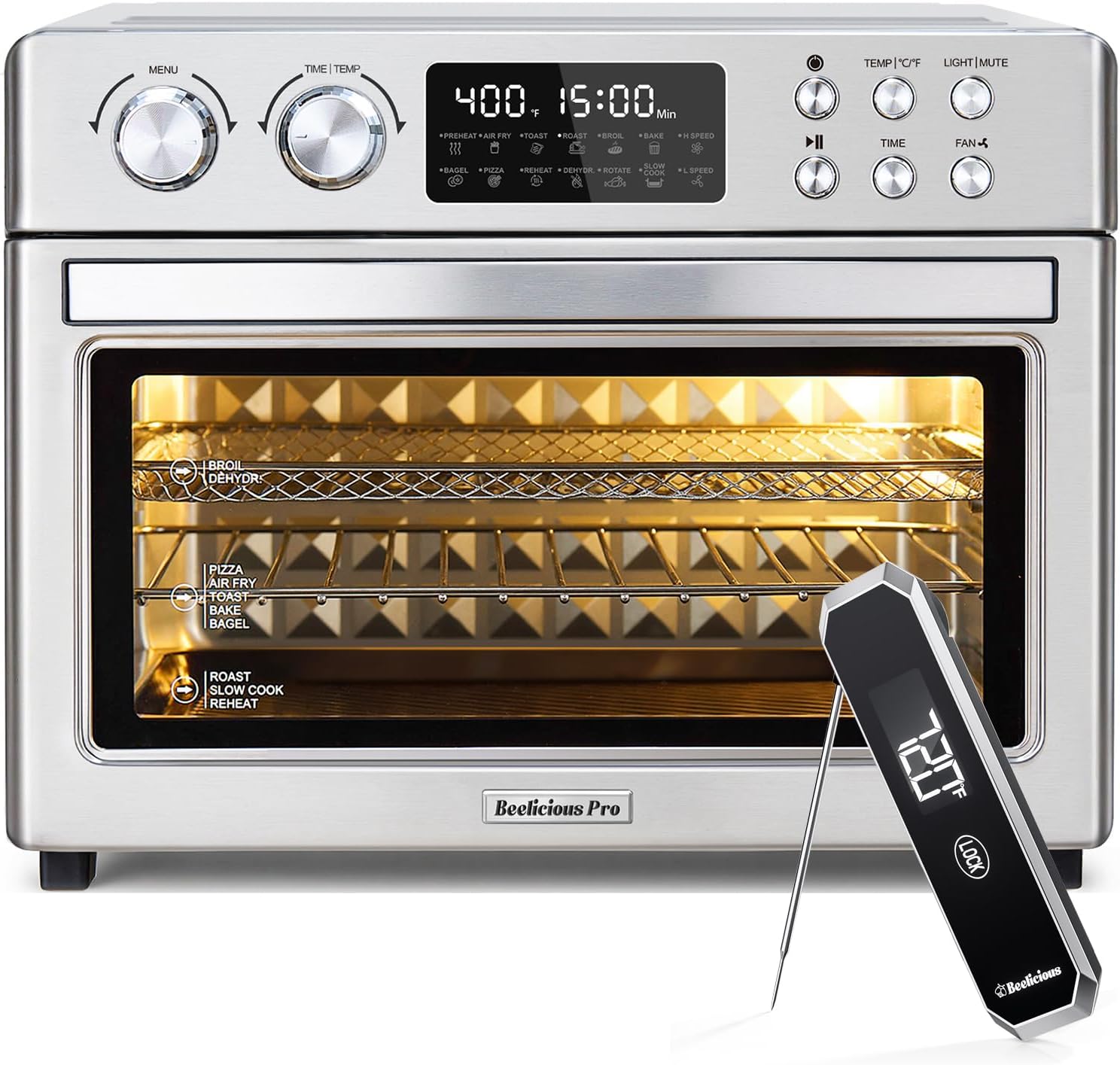Beelicious Pro 28QT Air Fryer Toaster Oven Combo with Meat Thermometer
