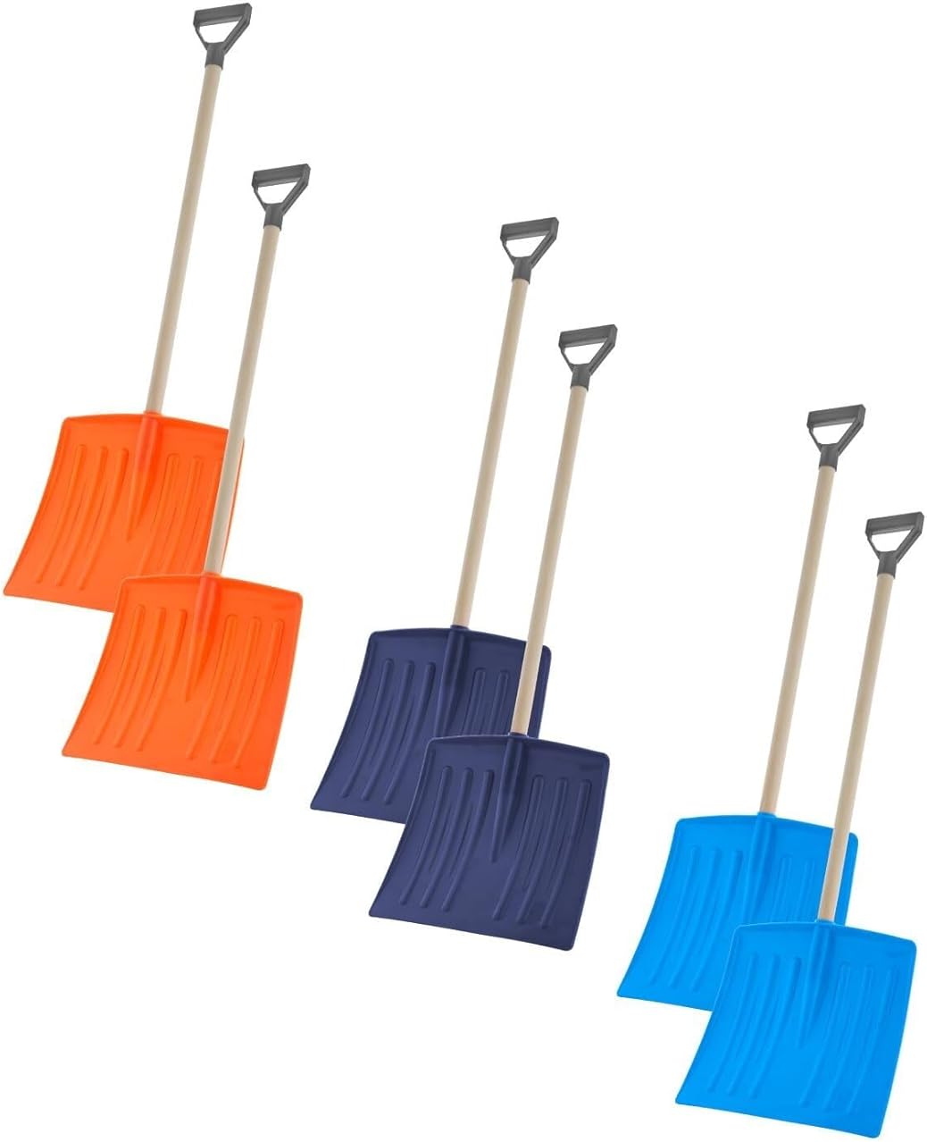 Plastic Snow Shovels with Lightweight Wooden Handles for driveways and Sidewalks, Orange, Blue, Navy 6 Pack