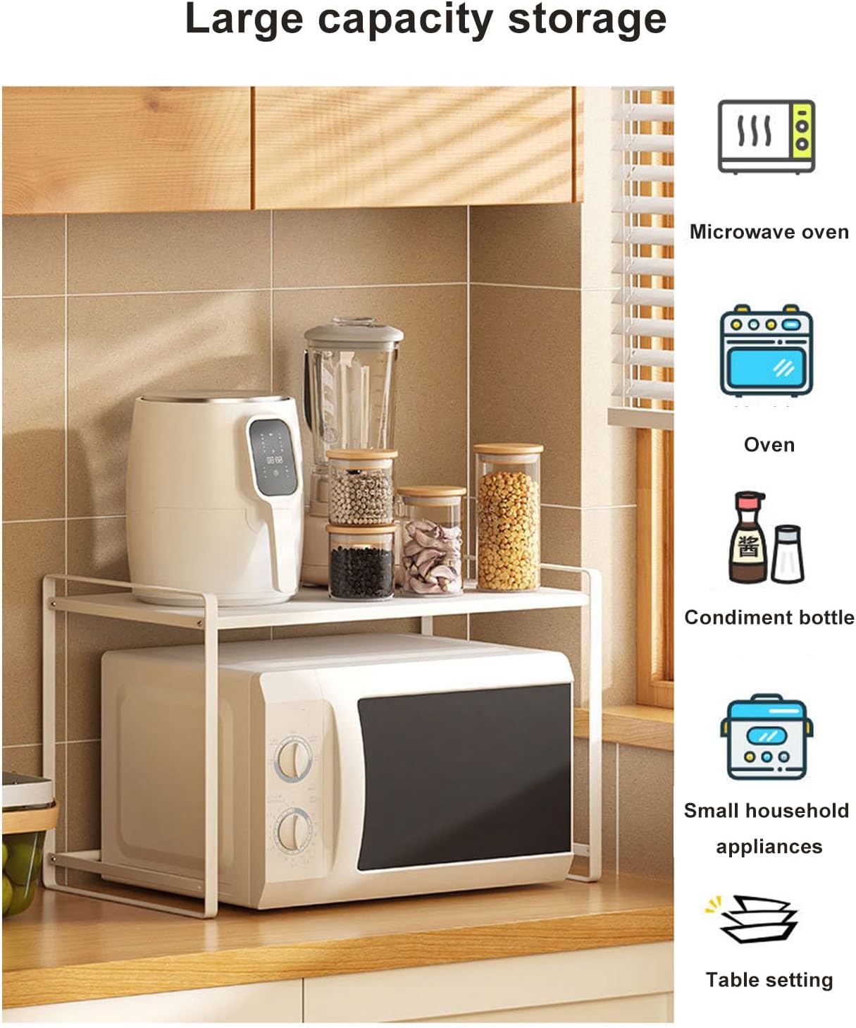 TOPINCN Microwave Oven Rack, Heavy Duty Carbon Steel Storage Shelf with 44lbs Load Capacity, for Kitchen Countertop Organizing Bottles Bowls Plates