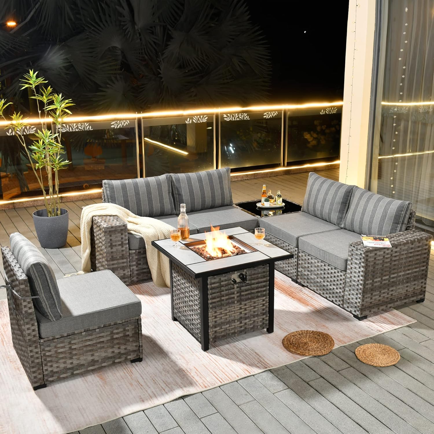 HOOOWOOO Outdoor Patio Sectional Furniture Sofa Set with Propane Gas Fire Pit Table,7 Piece Small Modern Wicker Couch with Widened Armrest,Modular Conversation Seating Set for Out Door(Grey Strips)