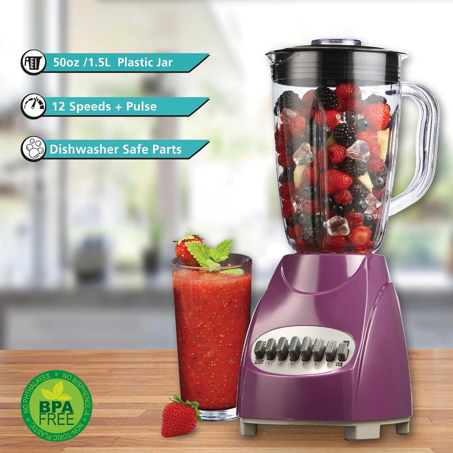 12-Speed Countertop Blender with Pulse Function – 50oz BPA-Free Jar, Stainless Steel Blades, Ice Crusher & Smoothie Maker, 350W Kitchen Blender (Purple)