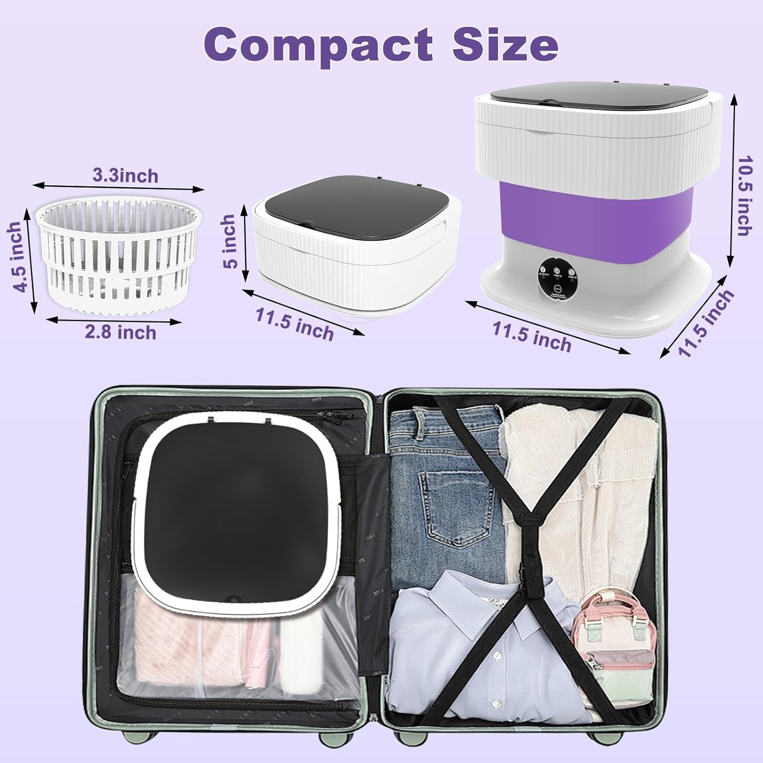 Portable Washing Machine, 16L Foldable Mini Washing Machine & Spin Dryer, Collapible Compact Washer, Small Folding Laundry Washer, Socks, Baby Clothes, Underwear, Dorm, Camping, Apartment, RV, Purple