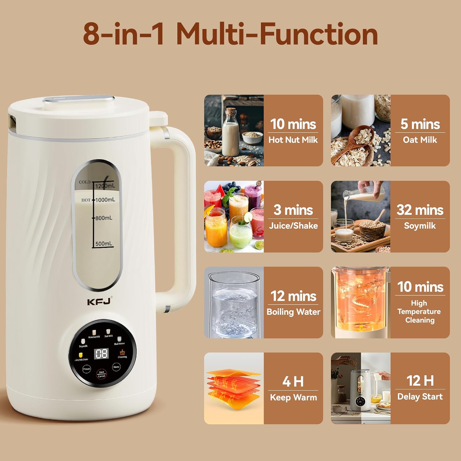 KFJ 8 in 1 Nut Milk Maker Machine, 41oz Homemade Coconut, Soy, Oat, Almond, Plant Based Milks and Non-Dairy Beverages with Delay Start/Boil Water/Self-Cleaning, White