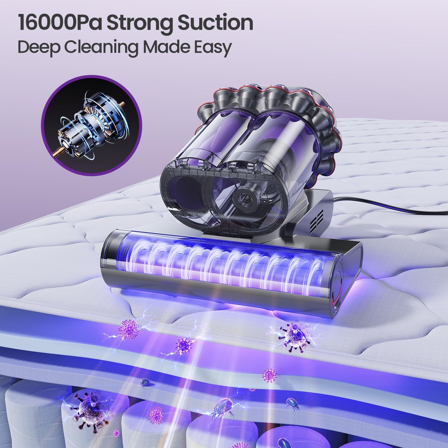 Xlife Mattress Vacuum Cleaner, Bed Vacuum with 2 Roller Brushes for Pet Hair, 253.7nm UV-C Light, 140F° Heating, 550W 16KPA Suction, HEPA Filter Couch Vauum for Bed, Sofa, Pillow, Baby Crib (Corded