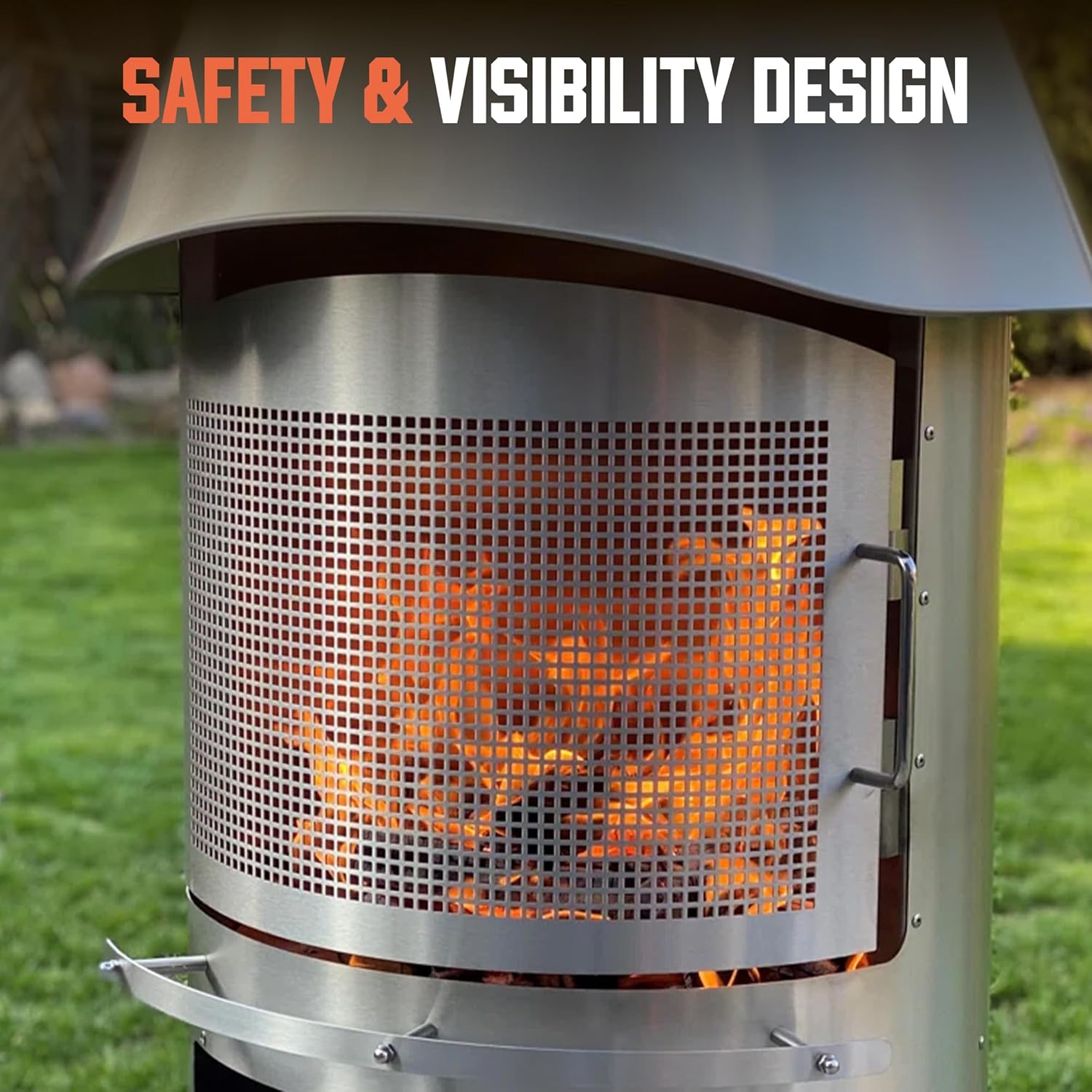 Twin-Walled Chimenea, Modern Stainless Steel Chimenea Fireplace with Wood Storage and Chimney, Outdoor Wood Burning Chiminea with Grill and Spark Screen for Patio and Backyard, 90.6” H