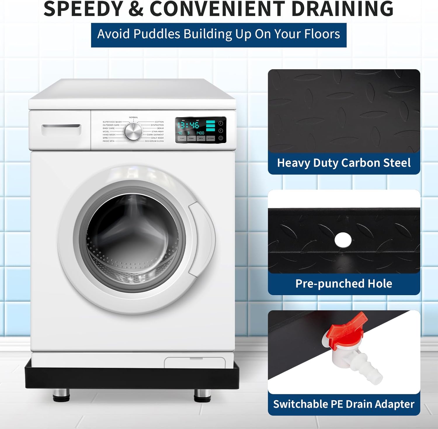 Heavy-Duty Carbon Steel Washing Machine Pan 27 x 25 Inch with 4 Anti-Vibration Feet and Drain Hole, Rust-Proof Leak Protection Tray for Floor Damage Prevention