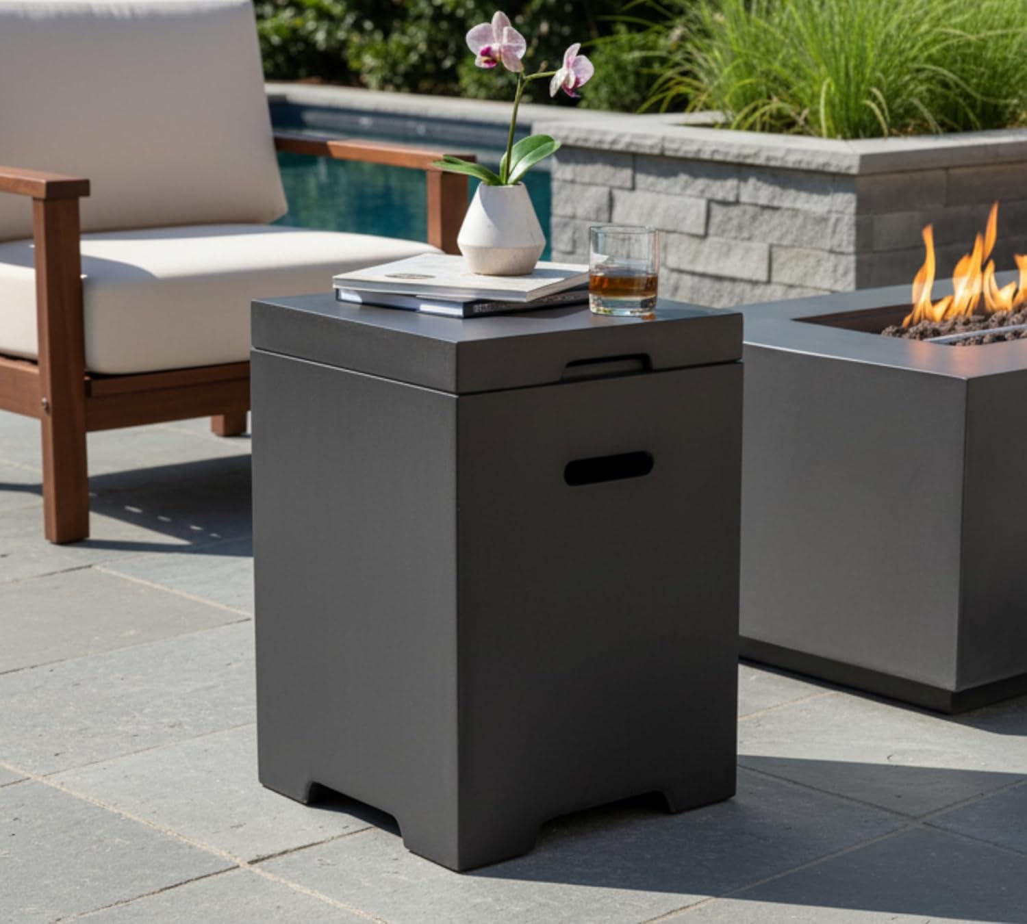 Outdoor Propane Tank Cover, Small Side Table,Square Weatherproof Gas Tank Cover for Outdoor Fire Pit Table and Grill, Store 20lb Propane Gas Tank,Removable Lid,Dark Grey