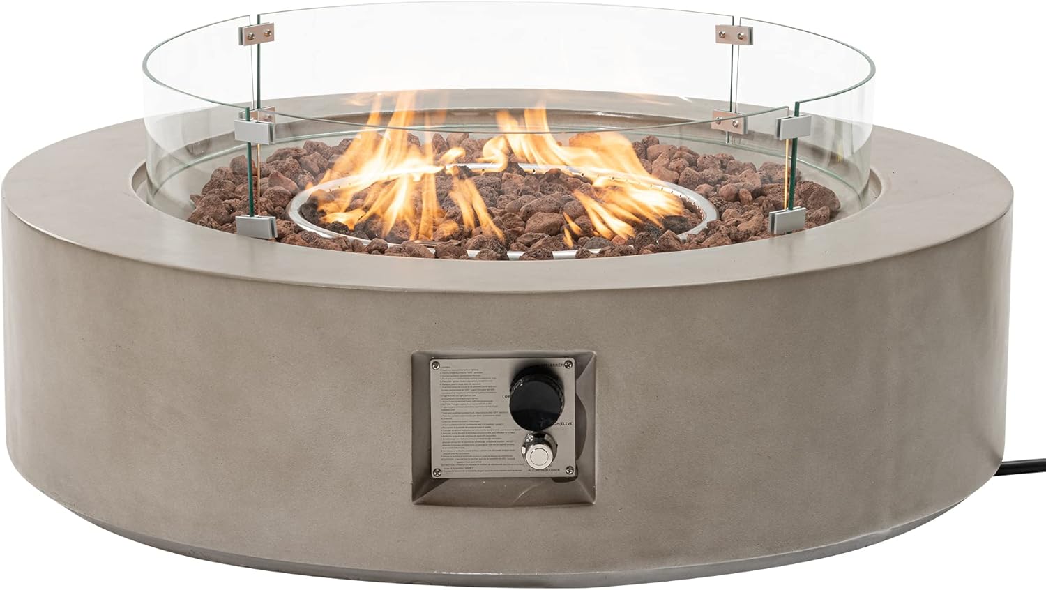 SUNBURY Outdoor Propane Burning Fire Pit, Circular Gray Patio Fire Table 50,000 BTU w Lava Rocks, Glass Wind Guard, Waterproof Cover