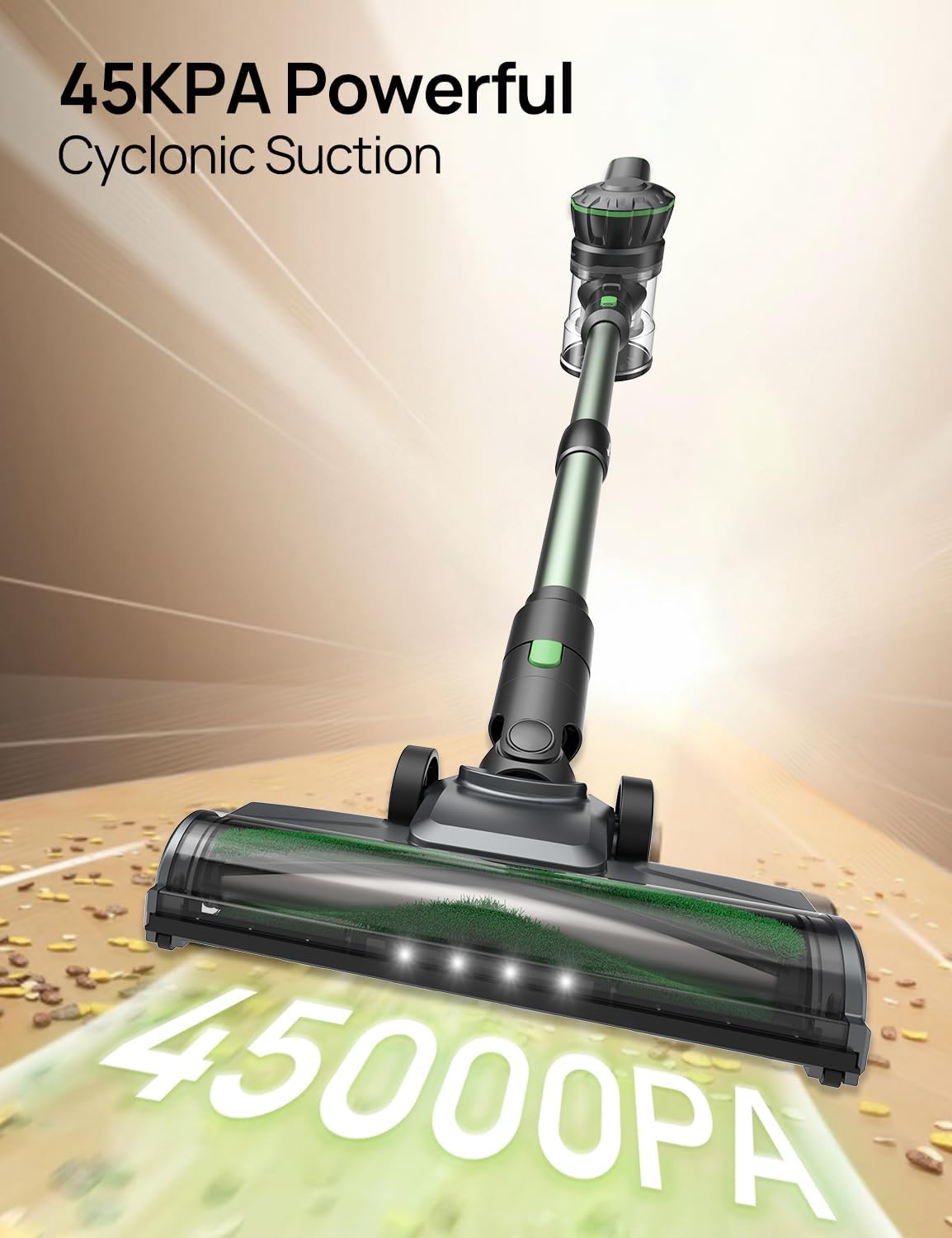 Vexilar Cordless Vacuum Cleaner, 550W/45Kpa/60Mins, Cordless Stick Vacuum Cleaner with Self-Standing and Touch Screen, 6-in-1 Lightweight, Rechargeable Vacuum for Pet Hair Carpet Hardwood (Green)