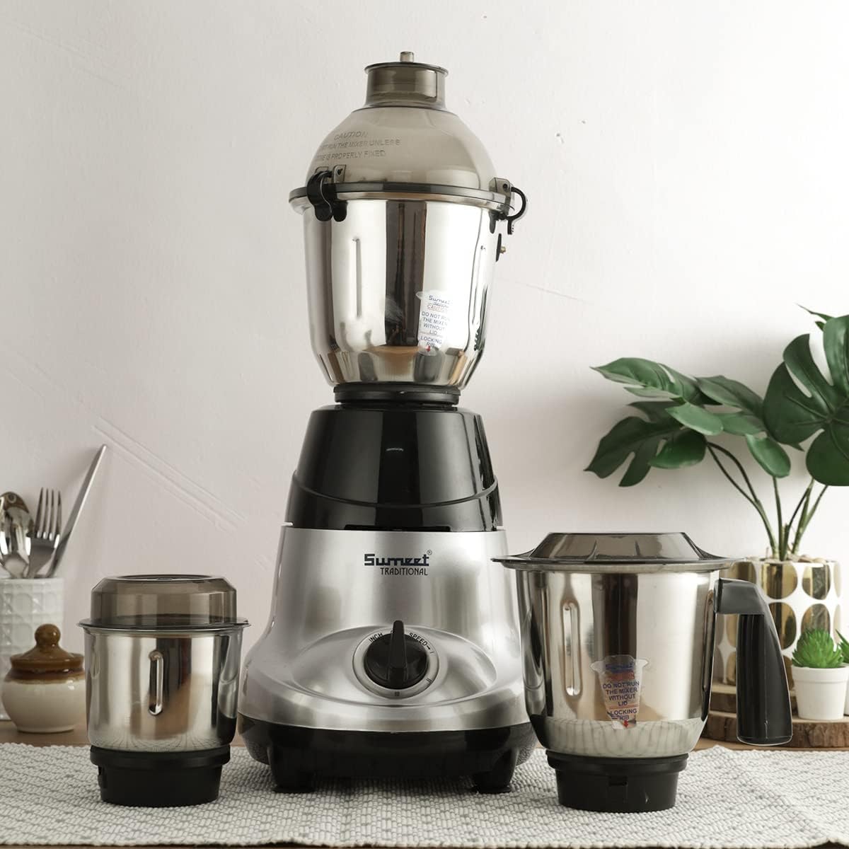 Sumeet Tradtional 750 Watts / 110V Mixer Grinder with 3 Stainless Steel Jars Countertop, Blender Indian Mixer Grinder For Canada/USA (Amica BlackGrey)