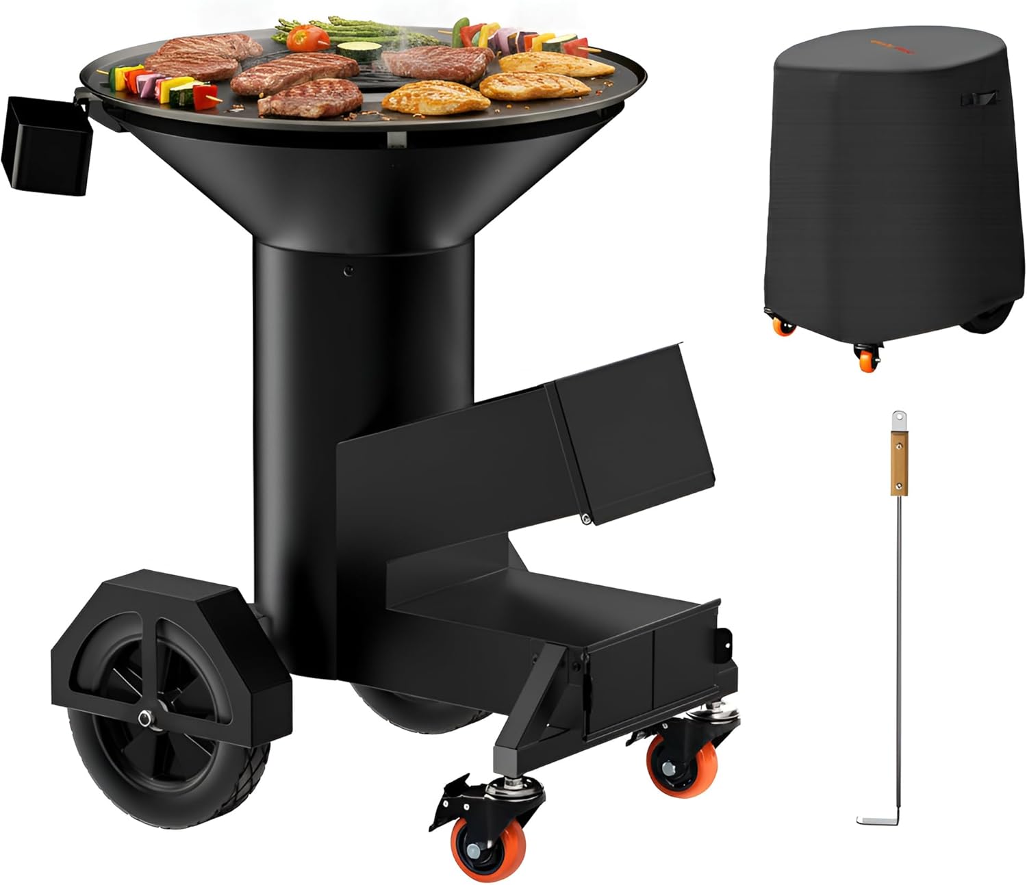 3-in-1 Rocket Stove with Griddle, Grate & Pot Rack, Large Wood BBQ Grill with Wheels, Ash Tool & Cover, Outdoor Stove for Patio Barbecue Cooking Backyard Camping RV Tailgating, GS346
