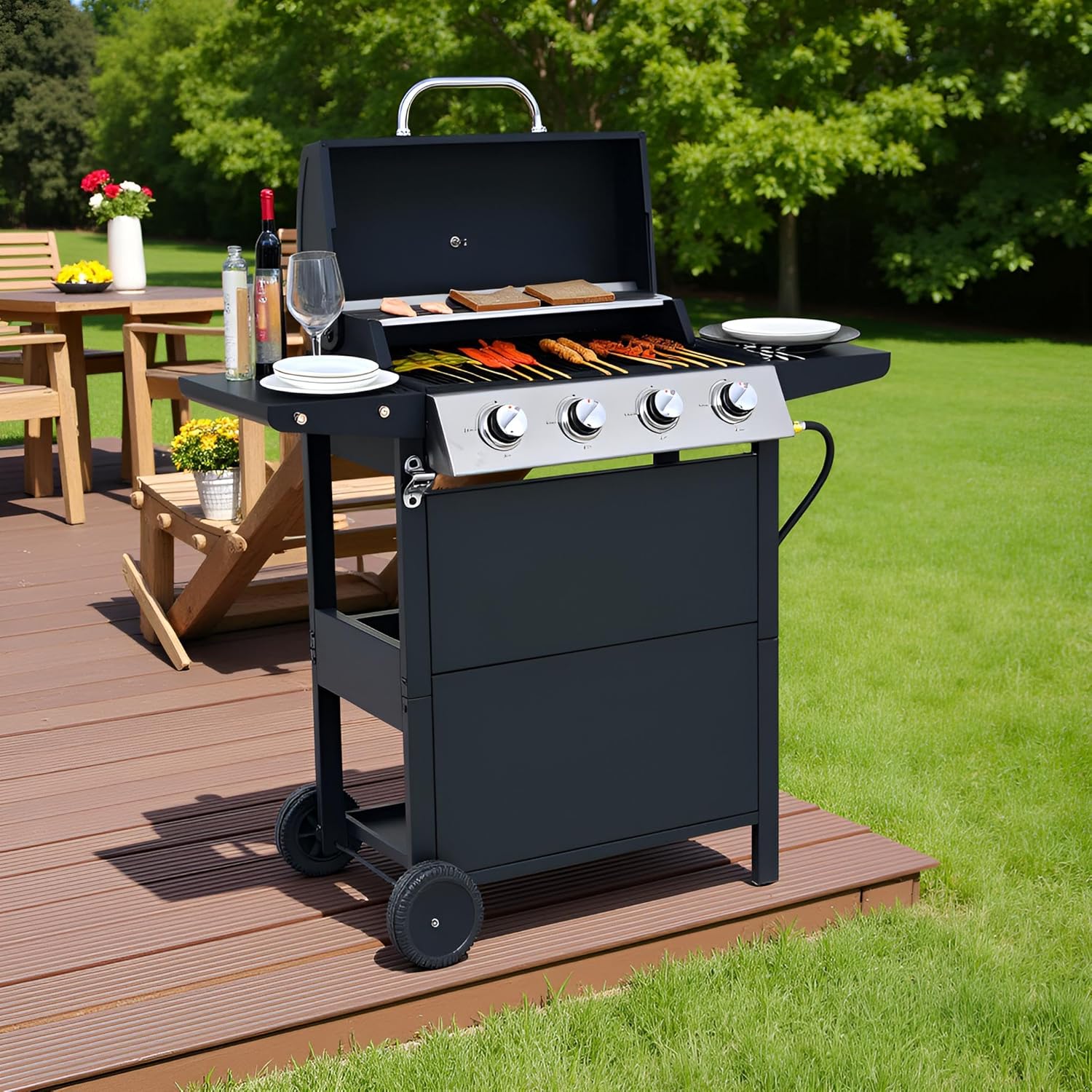 4 Burner Propane Gas Grill 34,000 BTU Stainless Steel Outdoor Propane Grill with Side Shelves, Lid, Wheels & Bottle Opener and Built-in Thermometer for Patio Garden Cooking