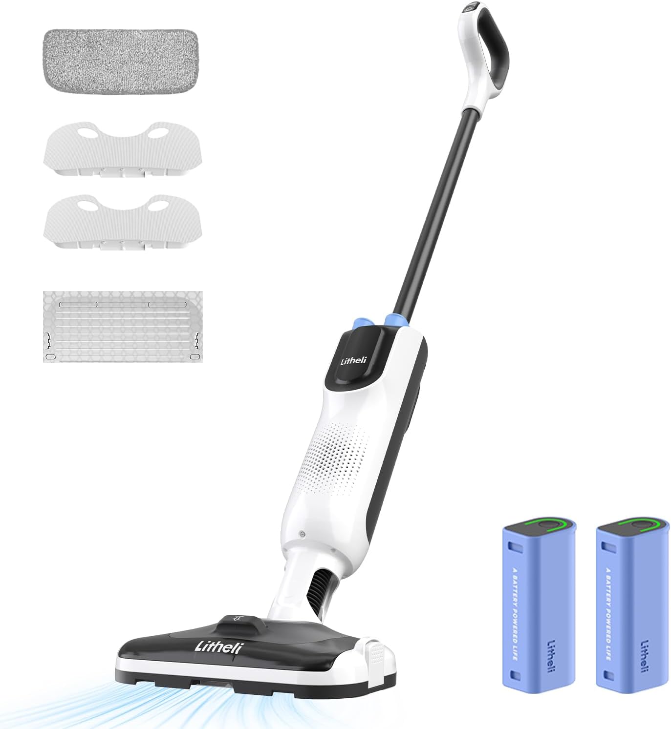 LiTHELi Cordless Vacuum Mop Cleaner, 2-in-1 Hard Floor Stick Vacuum, Wet Dry Mop, 2 Disposable Dust Boxes, 14 Disposable Pads & 1 Washable Pad, 2 Swappable 4000mAh Batteries