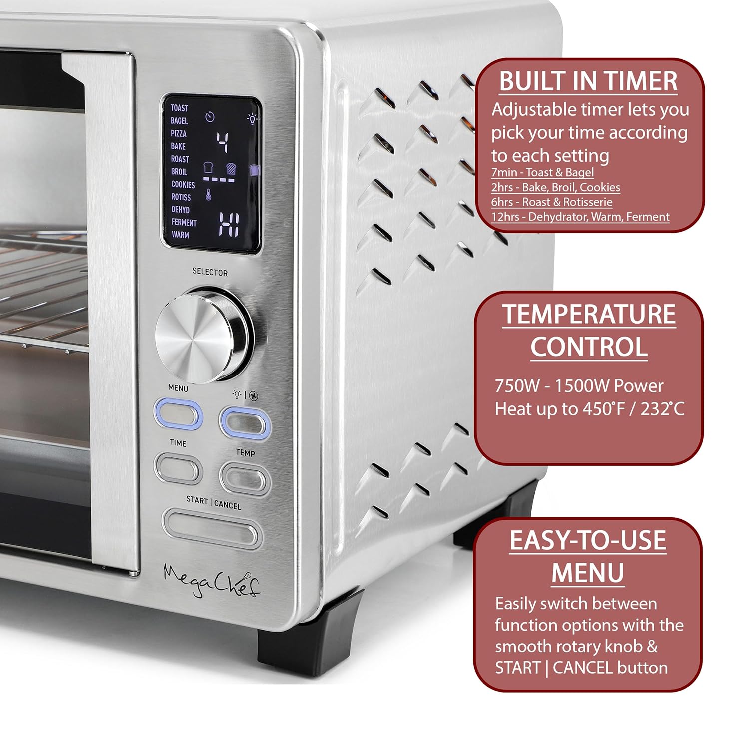 MegaChef 25 Liter Digital Electric French Door Multi-Function Counter Top Oven with Rotisserie Set & Toast, Bagel, Pizza, Bake, Roast, Broil, Cookies, Rotisserie, Dehydrate, Ferment, Warm Functions