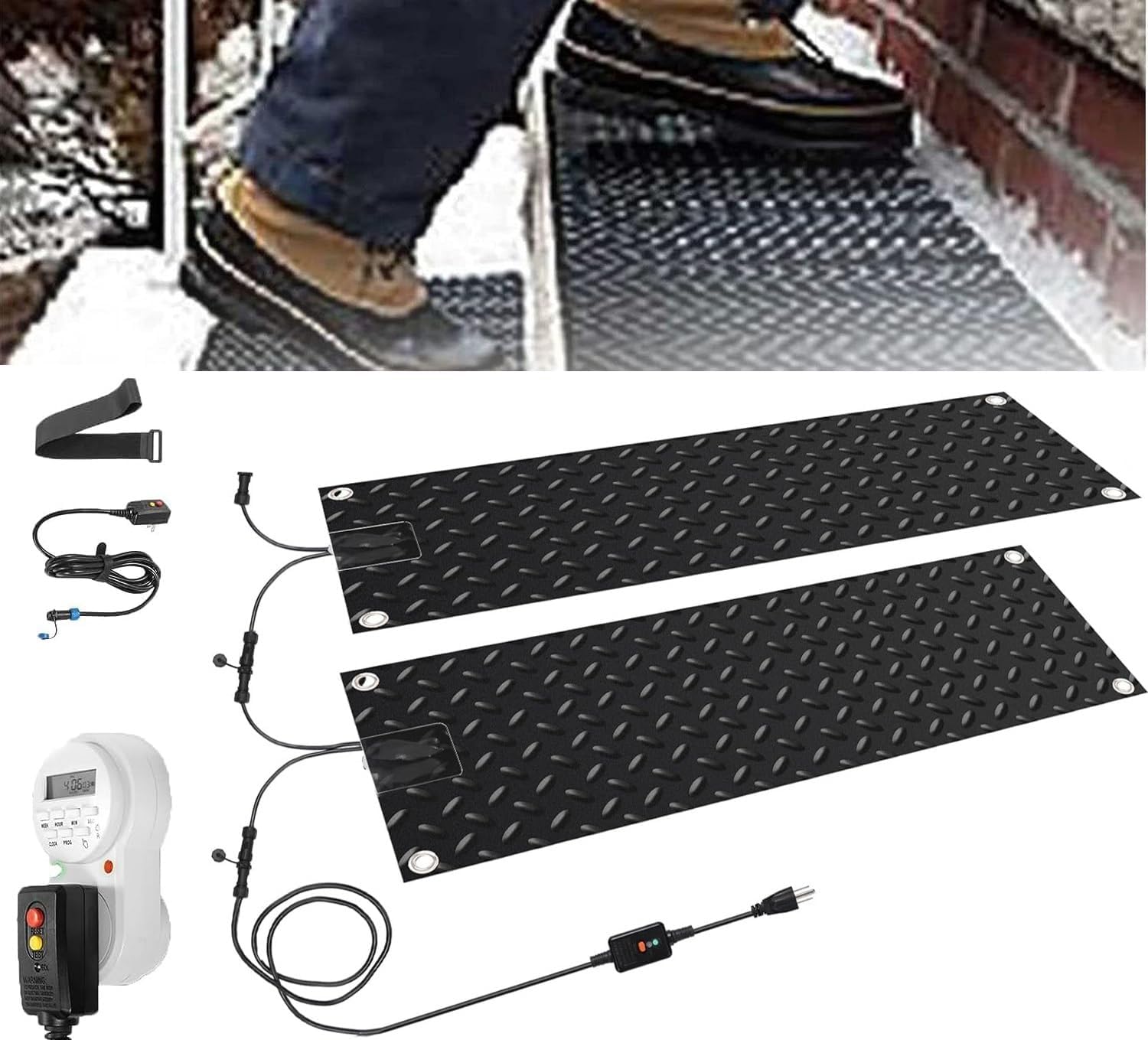 Heated Snow Melting Mats with Timer, Outdoor Slip Proof Ice Heated Rubber Mat, 2 in/h Speed Snow and Ice Heated Pad for Winter Outdoor Stairs, Steps, Doorways, Walk(2 Pcs-10in x 35.4in (25.4x90 cm))