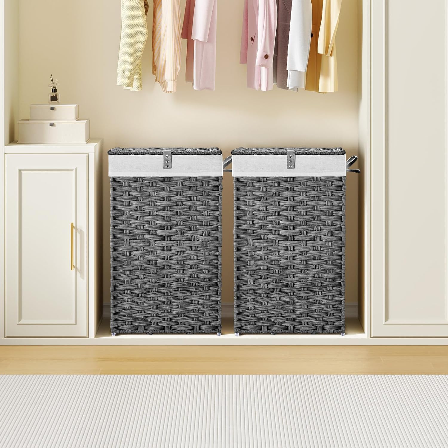 Greenstell Laundry Hamper with Lid, 60L Clothes Hamper with 2 Removable Liner Bags & 2 Mesh Laundry Bags, Handwoven Synthetic Rattan Laundry Basket for Clothes, Toys in Bathroom, Bedroom Grey