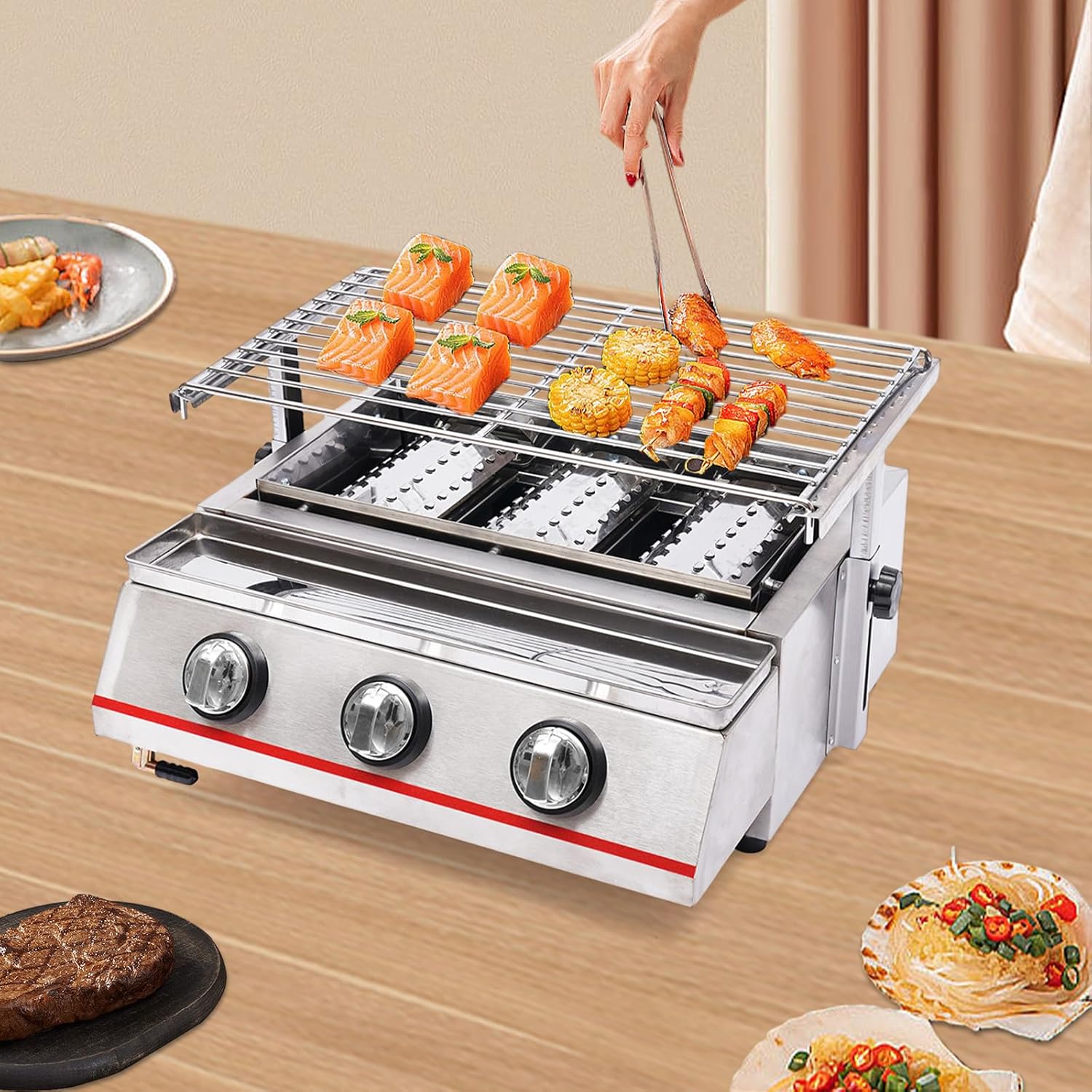 3 Burners Portable Gas Grill Tabletop Smokeless Stainless Steel Gas BBQ Grill with Griddle Independent Ignition,Propane LPG Grill for Outdoor Camping Picnic Kitchen (18.5 * 16.5 * 7.7in- 3 Burners)