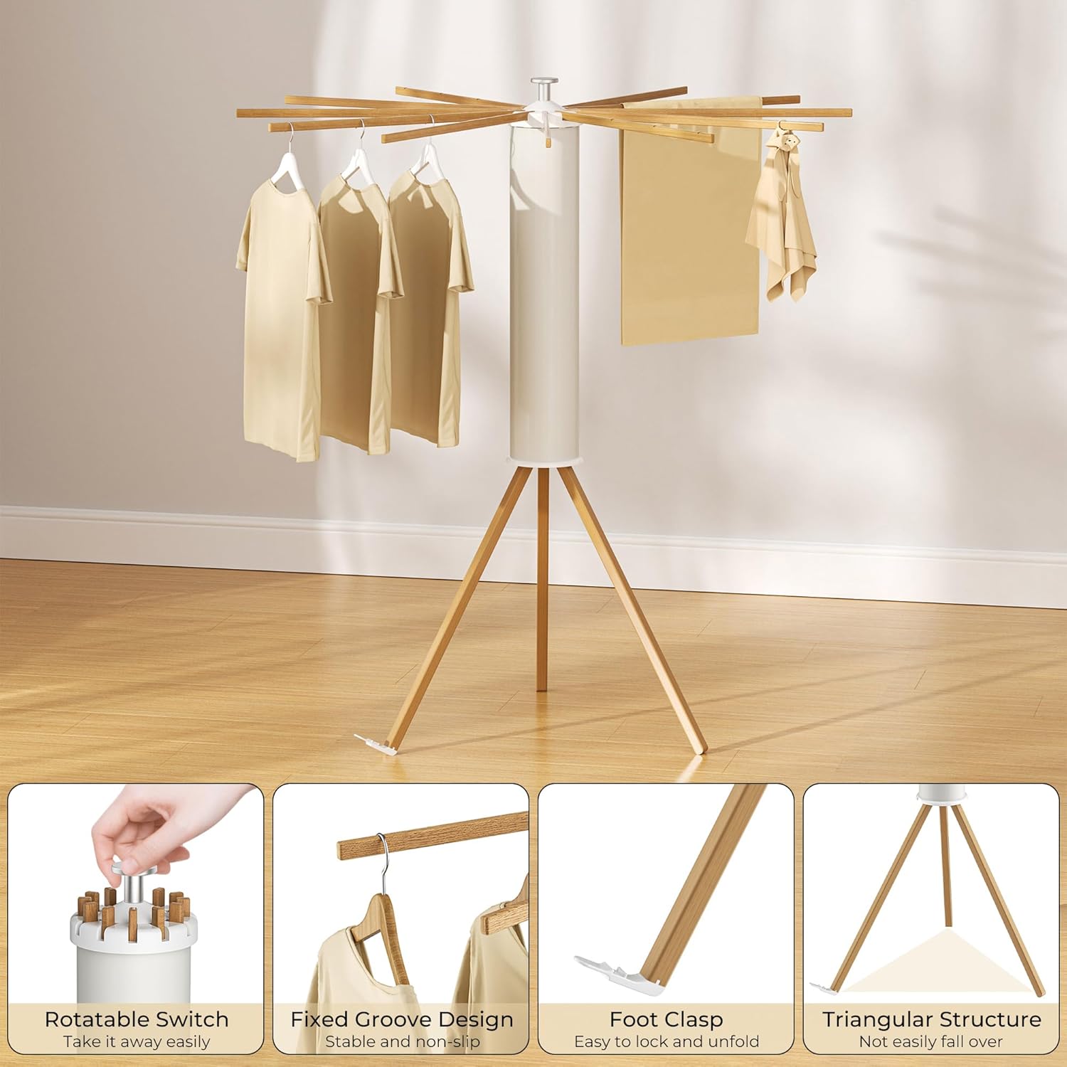 Tripod Clothes Drying Rack, Garment Rack Portable and Foldable Space Saving Laundry Drying Rack - Dryer Rack Clothing Floor Folding Balcony Bedroom Household