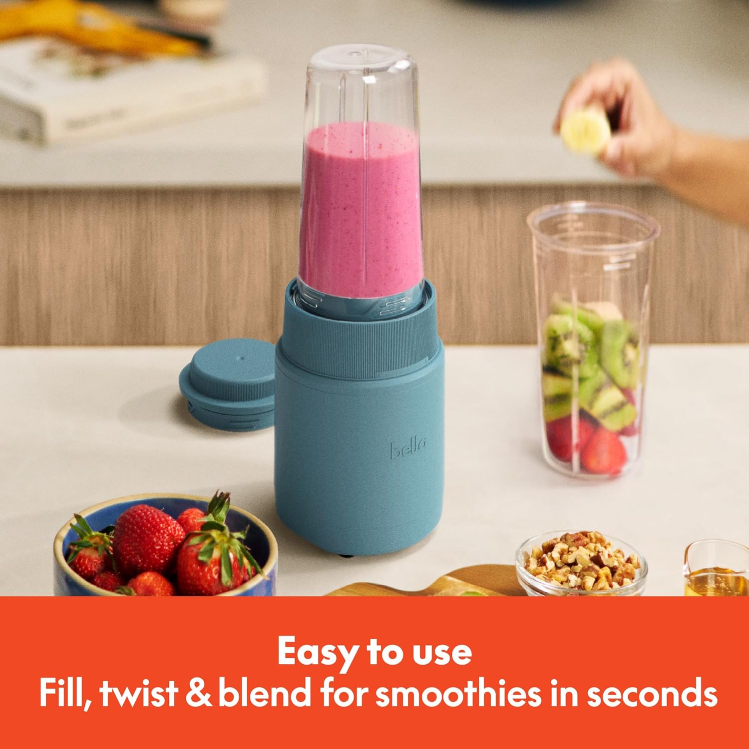 bella 6 Pcs Portable Rocket Blender, Juicer & Smoothie Maker, Press & Twist Design, EverGood™ & BPA Free Dishwasher Safe Parts, 4 Tip Stainless Steel Blade, Cord Wrap, 240 Watt Motor, Surf