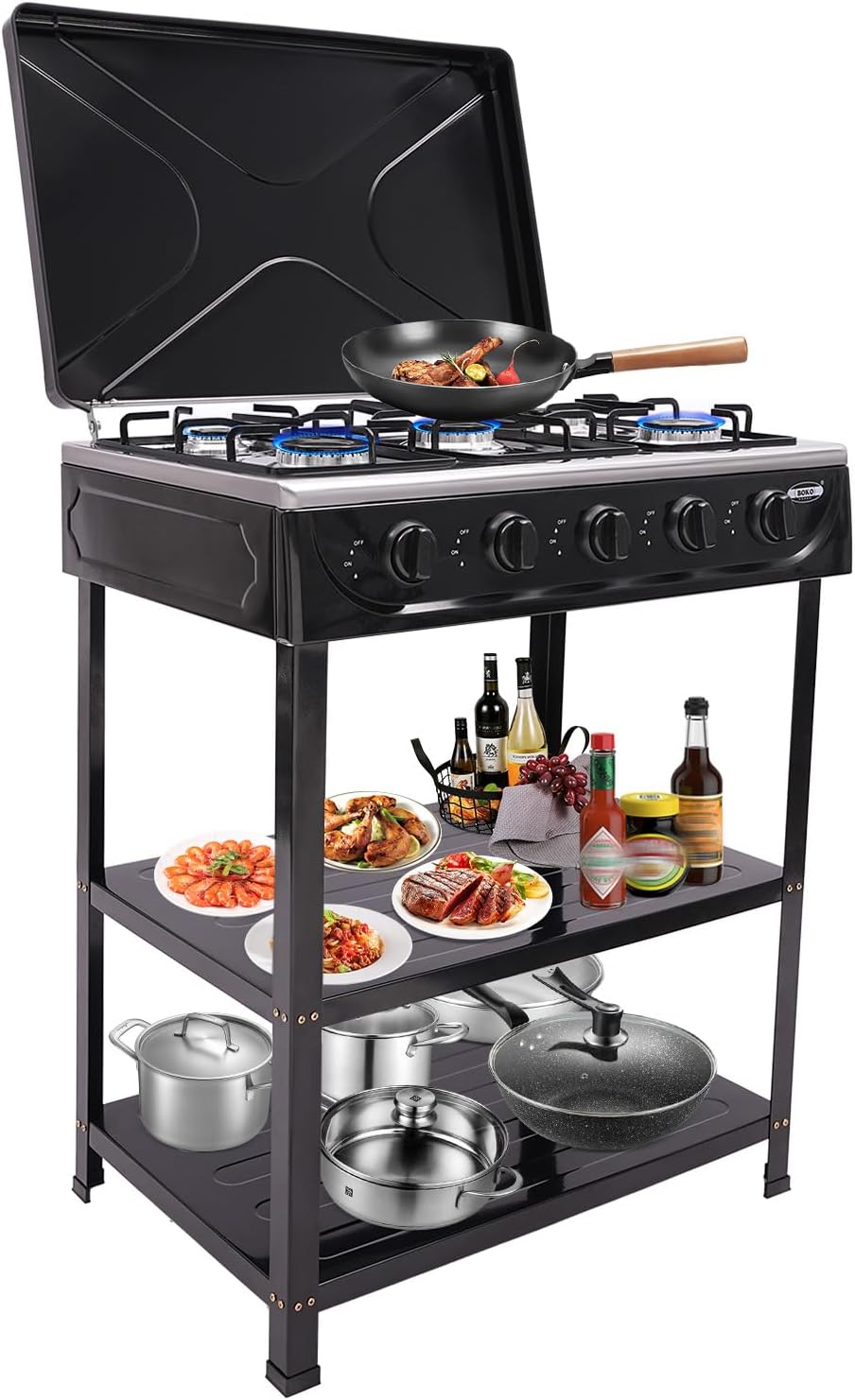 Propane Gas Grill, 5 Burner Propane Burner, Auto Ignition Camping Stove Portable with Removable Leg Gas Stove for RV, Apartment, Outdoor Cooking(Black)