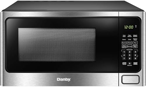 Danby Designer DDMW1125BBS 1.1 cu. ft. Countertop Microwave in Stainless Steel 6 Convenient Auto Cook Options including Popcorn, Potato, Pizza, Frozen Vegetables, Beverage