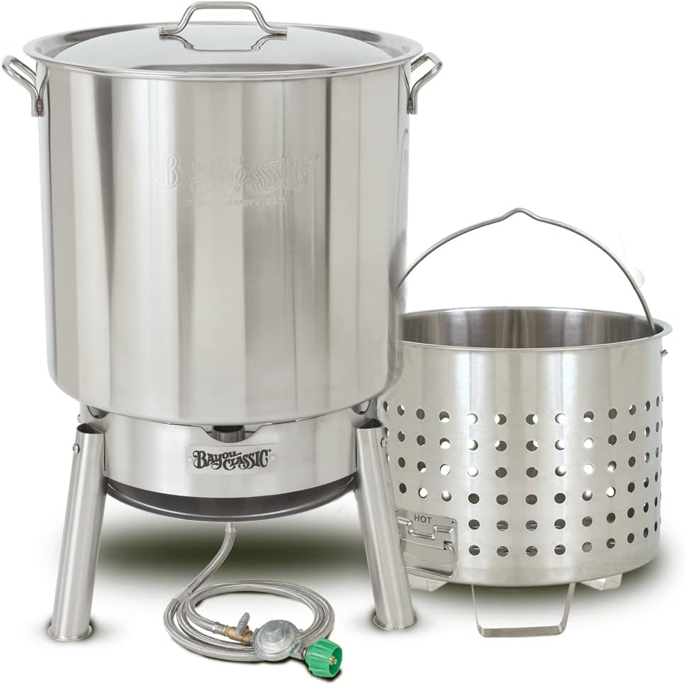 Bayou Classic KDS-982 Stainless Steel Steamer Kit Features 82-qt Stainless Stockpot with Lid, Steam Basket with Helper Handle, Single Jet 106,000 BTU Burner, 10-psi Pre-Set Regulator and 60-in Hose
