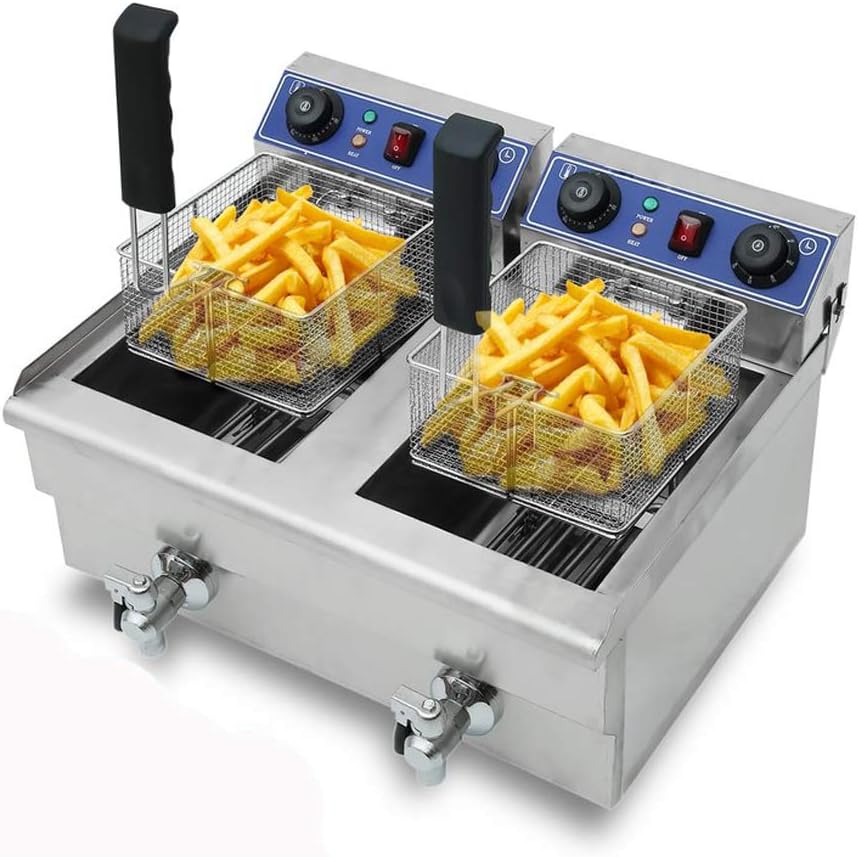 Electric Deep Fryer, 13L/26L Stainless Steel Commercial Electric Deep Fat Fryer Temperature Control Timing Fryer with Drain & Basket,Single Tank/Dual Tank (20L Dual Tank)