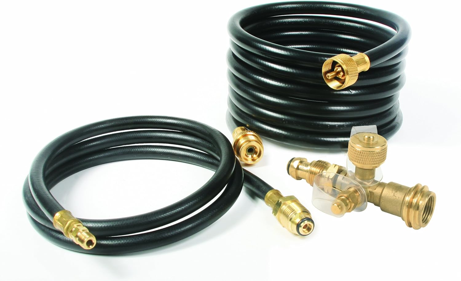 Camco Propane Brass 4 Port Tee- Comes with 5ft and 12ft Hoses, Allows for Connection Between Auxiliary Propane Cylinder and Propane Appliances (59123), Black