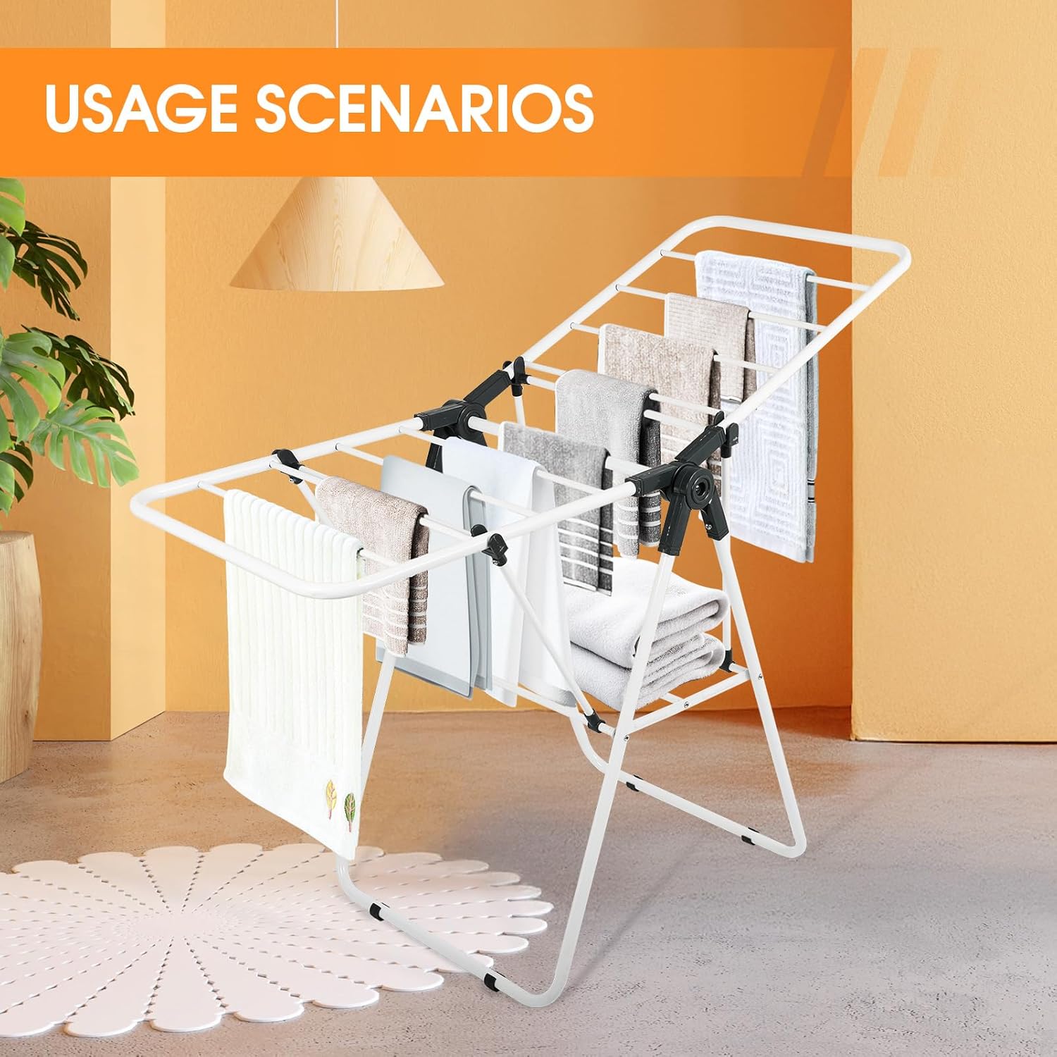 Clothes Drying Rack, Metal Foldable Laundry Drying Rack, with Adjustable Height Levels Wings, Space Saving, Indoor Outdoor Use, White Free-Standing Airer