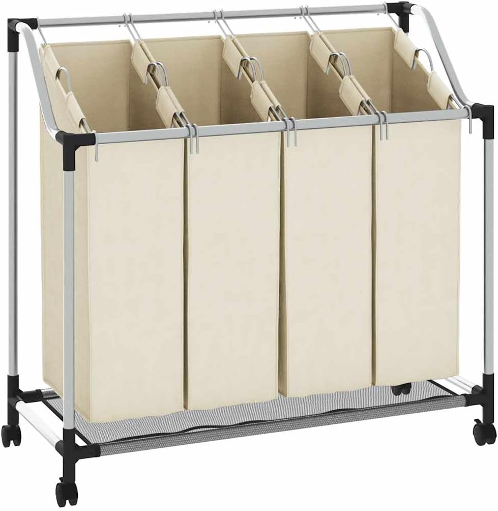 4-Bag Rolling Laundry Sorter Cart, Cream Steel Frame, 37.8