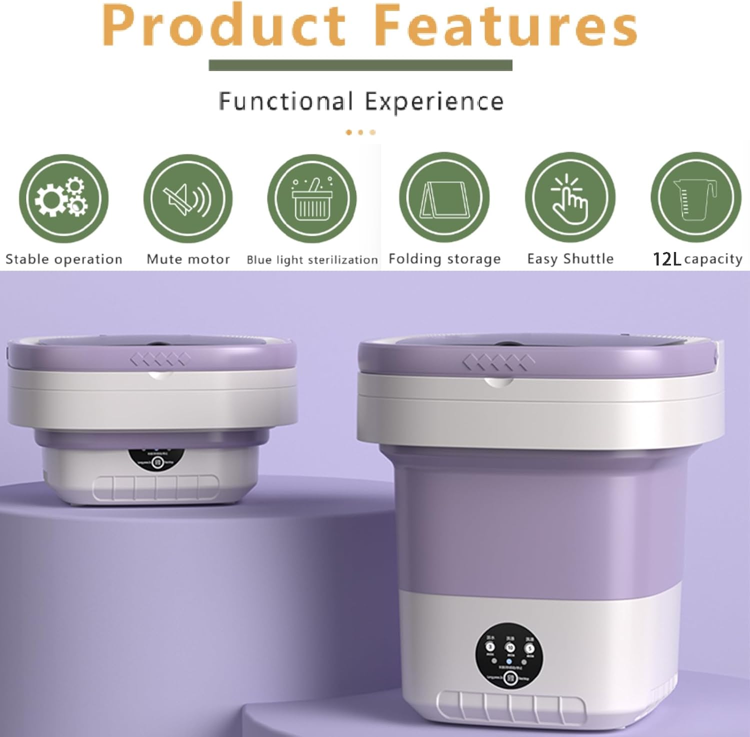 Portable washing machine, 12L Upgraded Large Capacity Foldable Mini Washing Machine, 3 Modes Deep Cleaning Small Washer for Underwear, Baby Clothes, Suitable for Apartments, Dormitories, Hotel