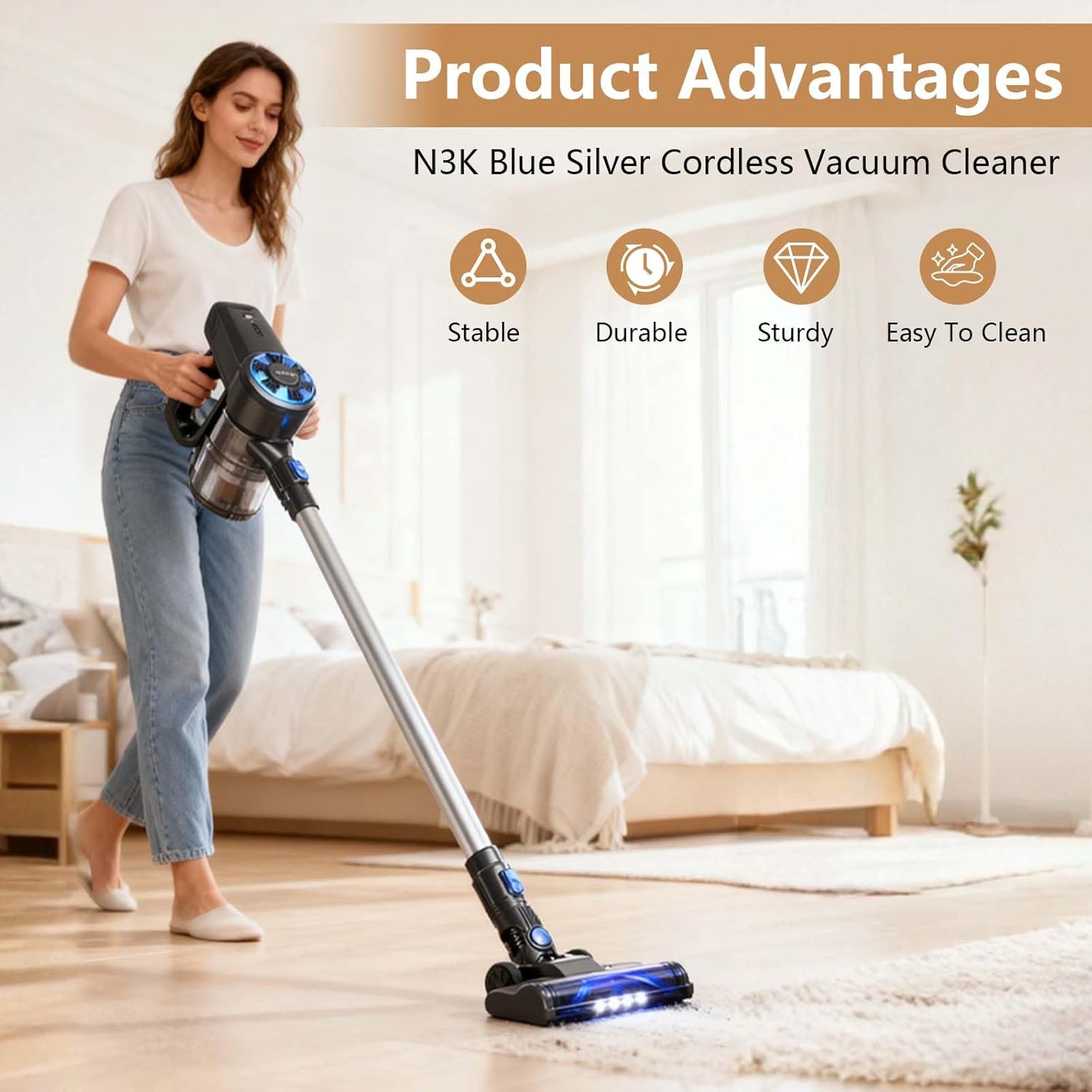 Cordless Vacuum Cleaners, 10kPA Vacuum Wireless for Home, Cordless Rechargeable Vacuum Cleaner with Led Illumination for Carpet, Hard Floor, Pet Hair