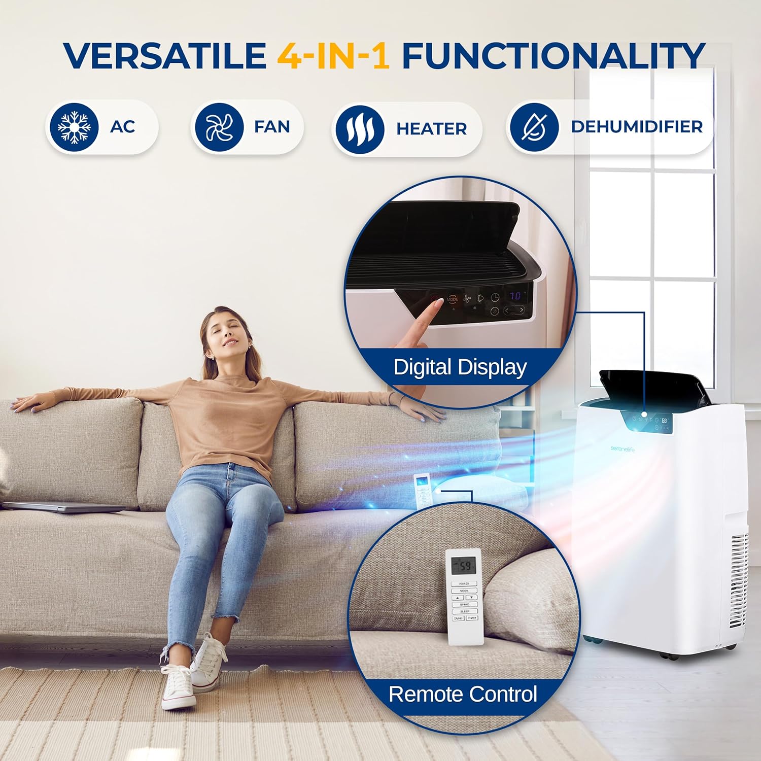 SereneLife 14000 BTU Portable Air Conditioner with Heating Function, 4-in-1 Standing AC for Room Up to 500 Sq. Ft. with Touch Control Panel, WiFi, and LCD Remote Control, High Efficiency CEER 7.60