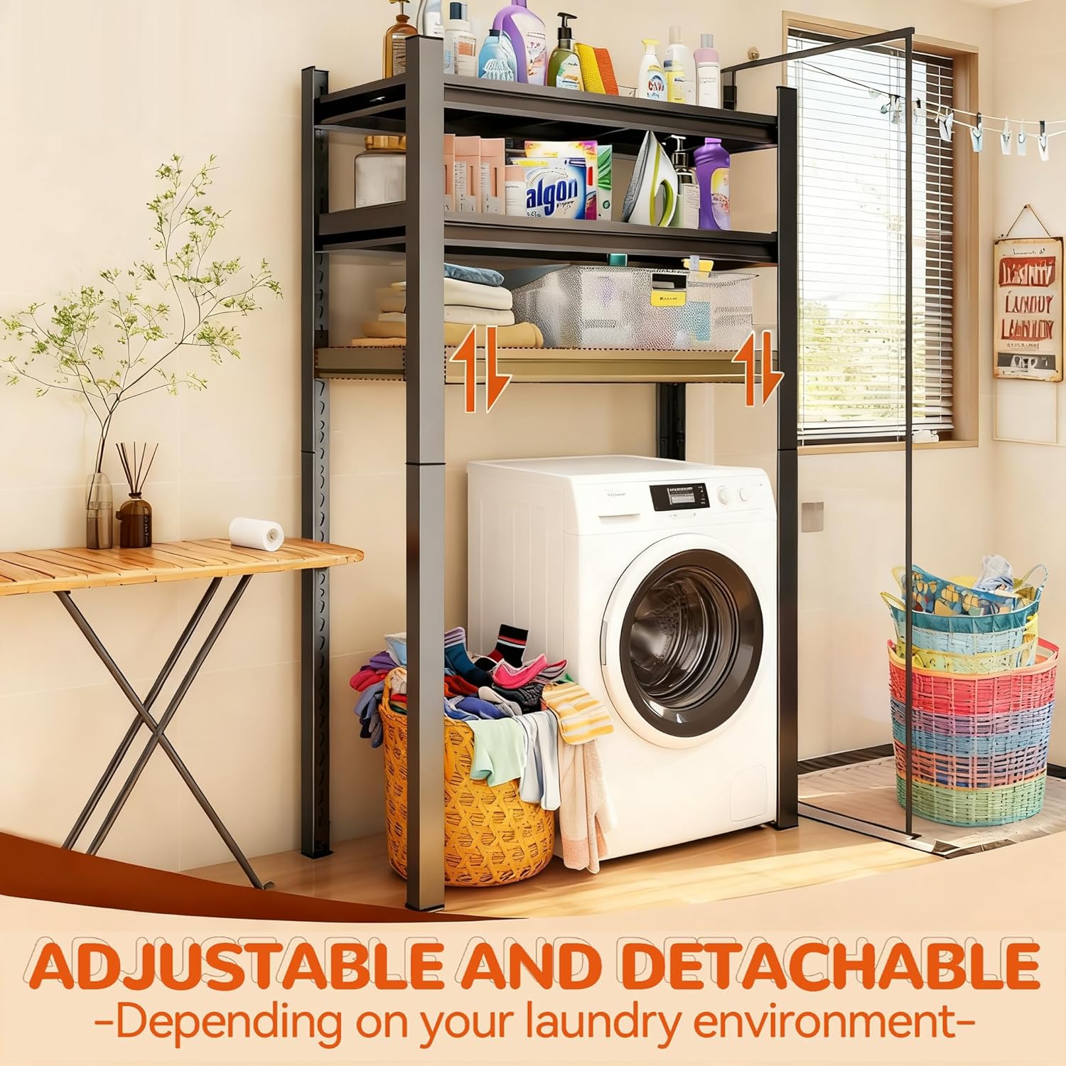 Height-Adjustable Bathroom & Laundry Storage Shelf, 3-Tier Metal Organizer Rack for Washer Dryer, Sturdy Shelving Unit for Bathroom Essentials, 63 x 45.3 x 19.7 Inches