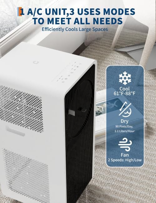 14000 BTU Portable Air Conditioners - Large 3 in-1 Standing AC Unit Cooling Up to 750 Sq.Ft - Quiet Air Condicionado with Remote Control, Cool, Fan, Dehumidifier, 24H Timer - Room Bedroom Indoor Floor
