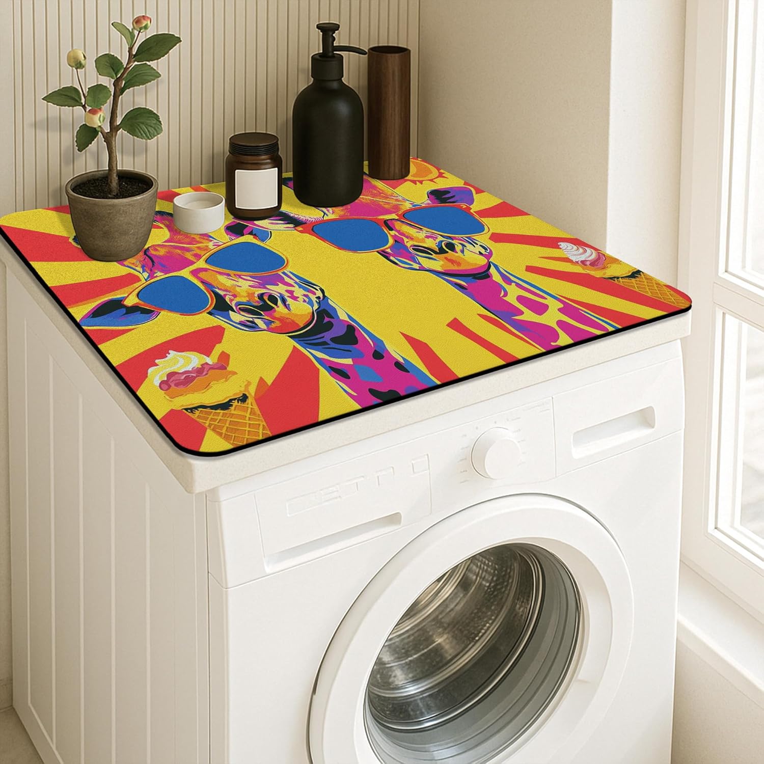 Vibrant Giraffe Washer Dryer Top Protector Mat, Colorful Pop Art Laundry Machine Dust Covers, Fun Summer Rubber Anti-slip Waterproof Mats for Laundry Room 24x24 Inch
