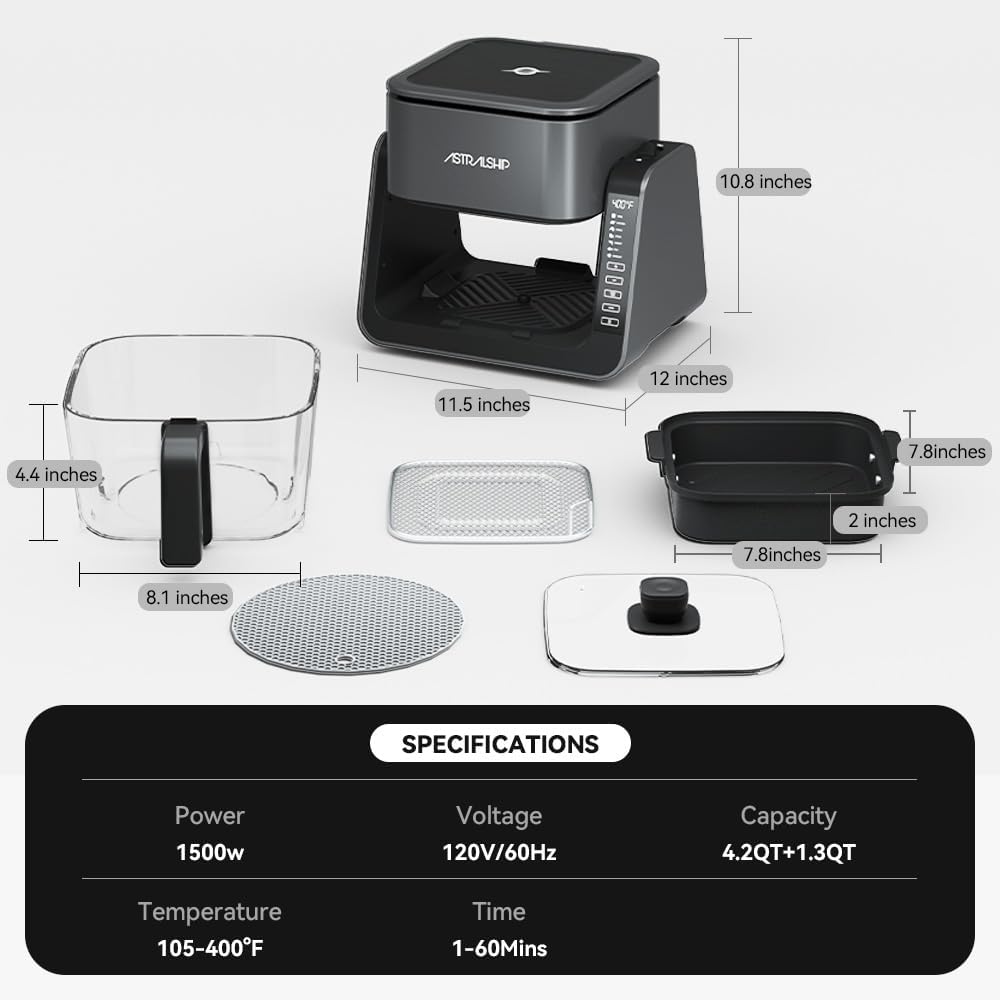 Astralship Glass Air Fryer, 2-in-1 Flip Airfryer & Grill Combo, Non-Toxic Teflon Free (No Plastic Smell), 360° Visible Cooking, 7 Presets, Compact for 1-2 People, 5.5QT Total Capacity, Dishwasher Safe
