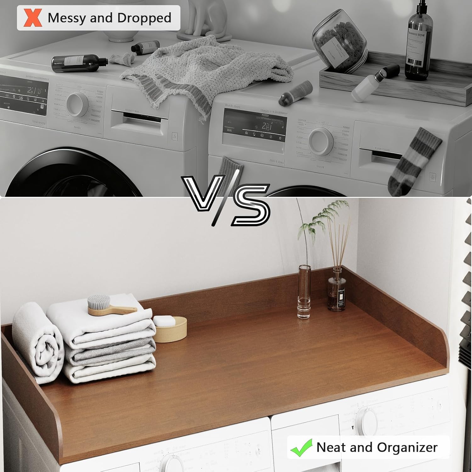 Fabuday Wood Washer Dryer Countertop for Laundry Room - 54'' W x 27.5'' D x 3.2'' H Laundry Counter Table for The Top with Edge, Storage and Organization Over Washing and Dryer, Satin Walnut Finish