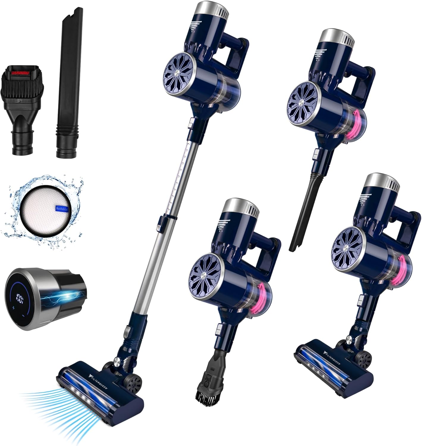 Filter Queen Cordless Vacuum Cleaner, 6-in-1 Stick Vac with Powerful Suction, Touch Screen LED Controls, Detachable Battery, for Quick Cleaning Hard Floor, Carpet, Pet Hair