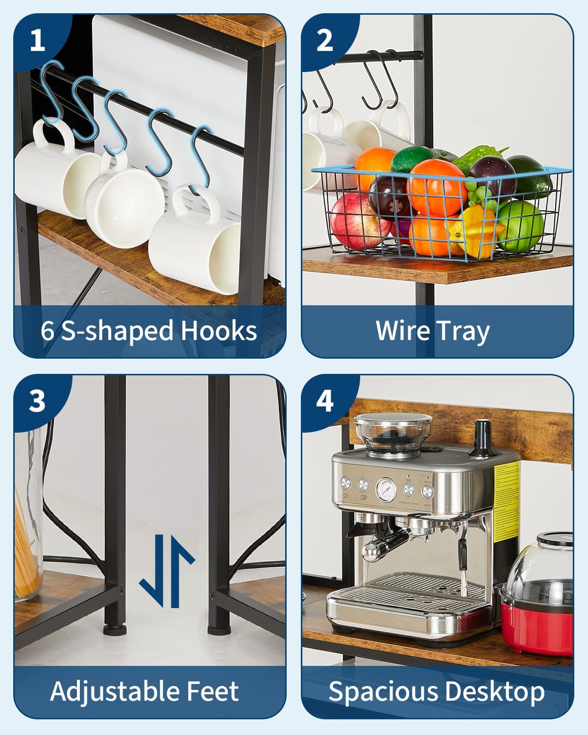 Garvee Kitchen Bakers Rack with Power Outlet 55 * 66inch, Microwave Oven Stand with Storage 4 Tiers, Coffee Bar Table with 6 S Hooks, Kitchen Storage Shelf Rack for Spices, Pots, Rustic Brown