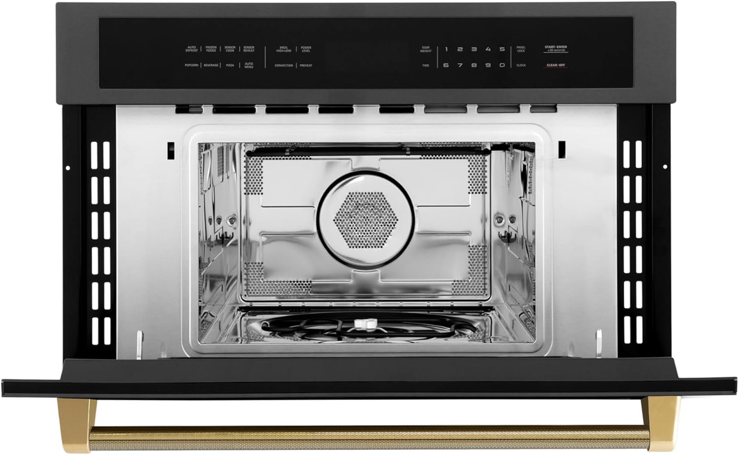ZLINE Autograph Edition 30 in. 1.6 cu ft. Built-in Convection Microwave Oven in Black Stainless Steel and Polished Gold Helix Handle (MWOZ-30-BS-KG)