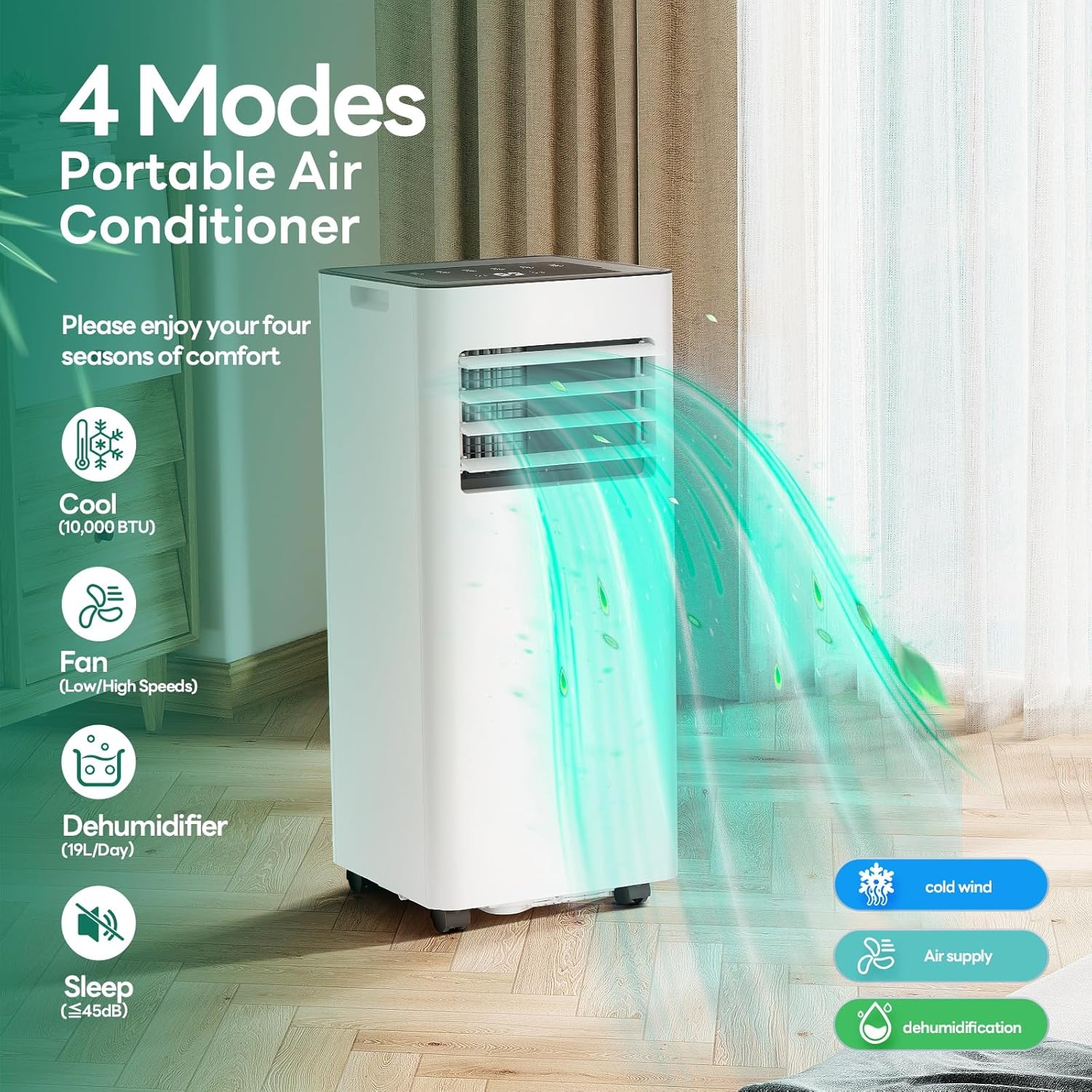 ZAFRO 10,000 BTU Portable Air Conditioners, Air Conditioner for Room Up to 450 Sq.Ft, 3-in-1 Portable AC Unit Cool & Dehumidifier & Fan Modes with Remote Control, White