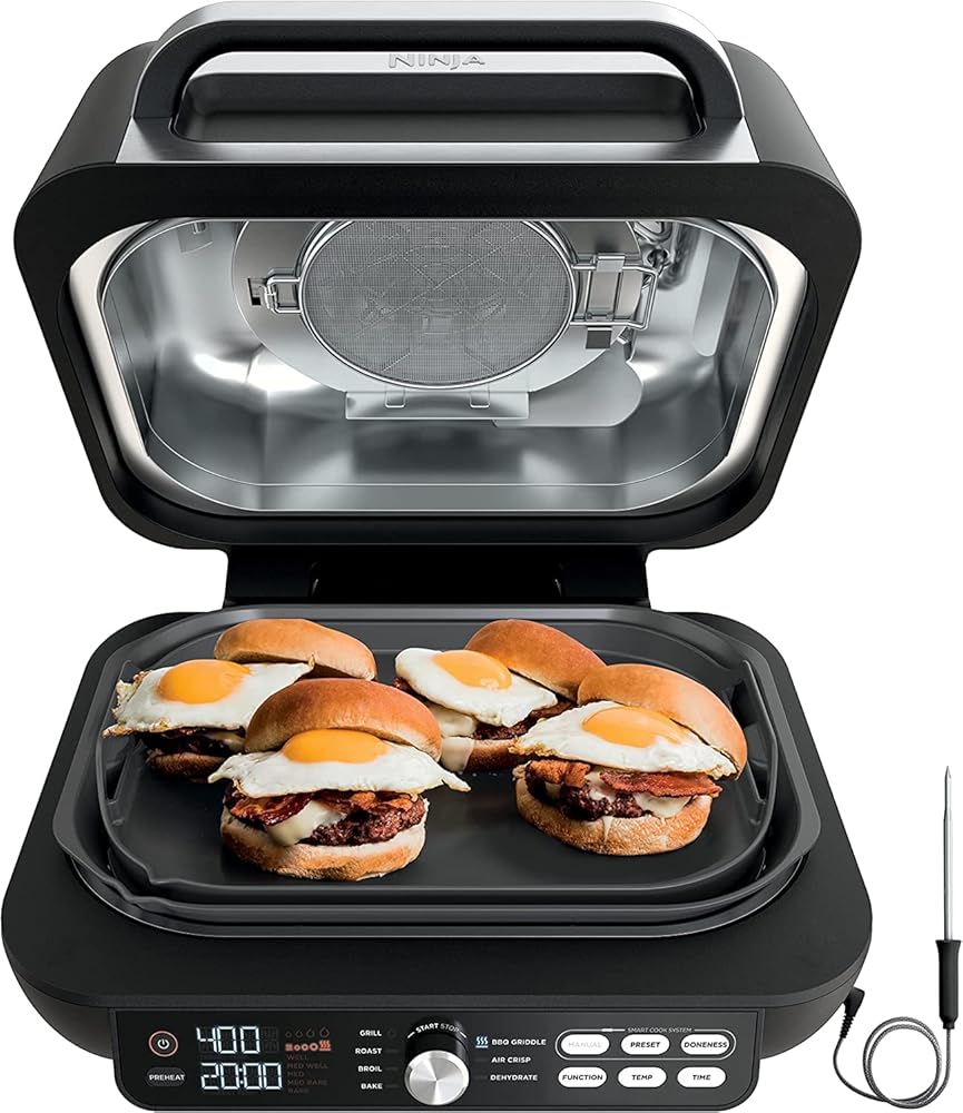 Ninja IG651 QCP Foodi Smart XL Pro 7-in-1 Indoor Grill/Griddle Combo, use Opened or Closed, with Griddle, Air Fry Smart Thermometer (silver/black) (Renewed)