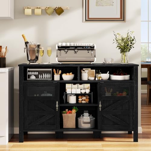 YITAHOME 55'' Farmhouse Buffet Cabinet with Storage, Large Sideboard Cabinet with 2 Doors & Open Storage, Versatile Coffee Bar Table for Kitchen & Living Room (Black)