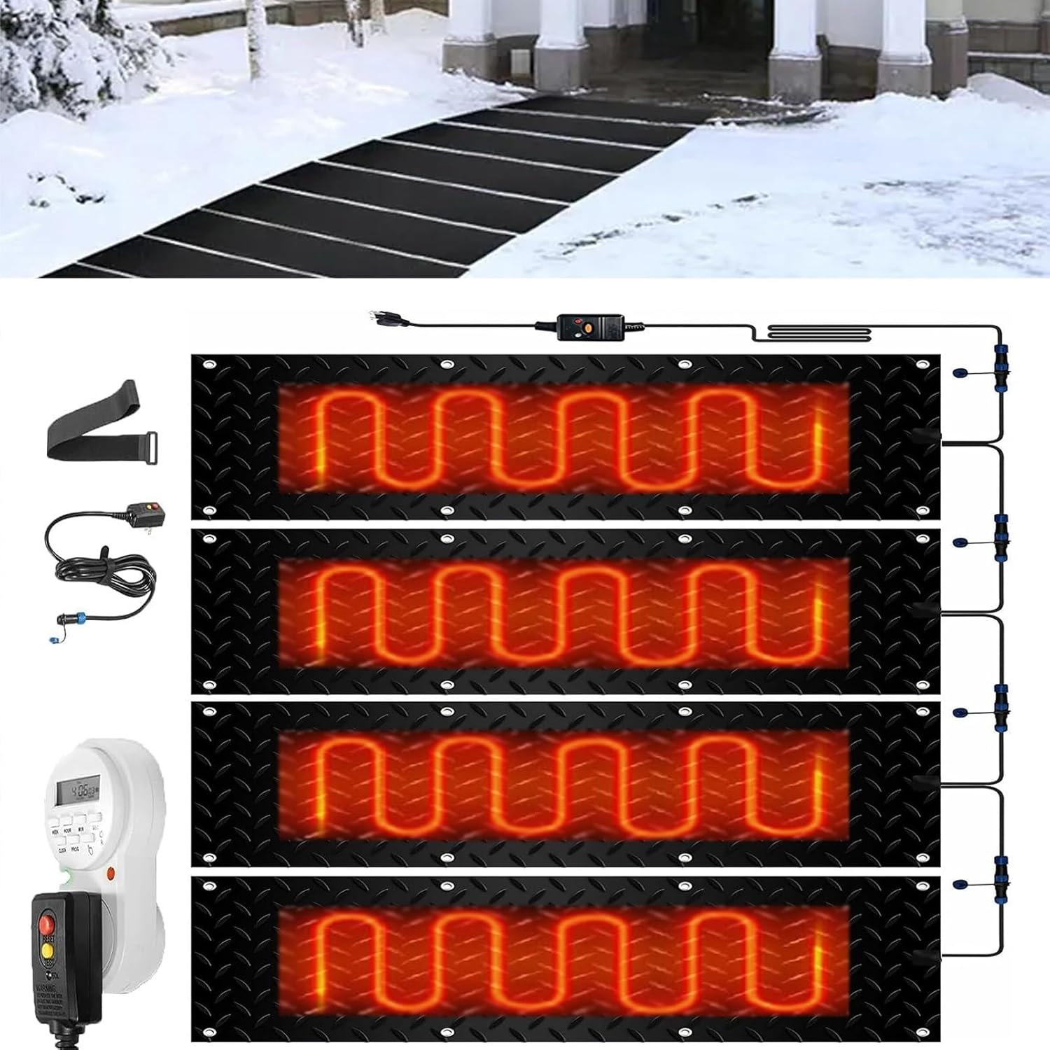 Snow and Ice Melting Mats with Timer, 1/2/3/4/5 Pcs Heated Outdoor Mats Electric Snow Melting Mats for Winter Snow Removal Non Slip Rubber Heated Mat with Power Cor(4 Pcs-12x24in/(30x60cm))
