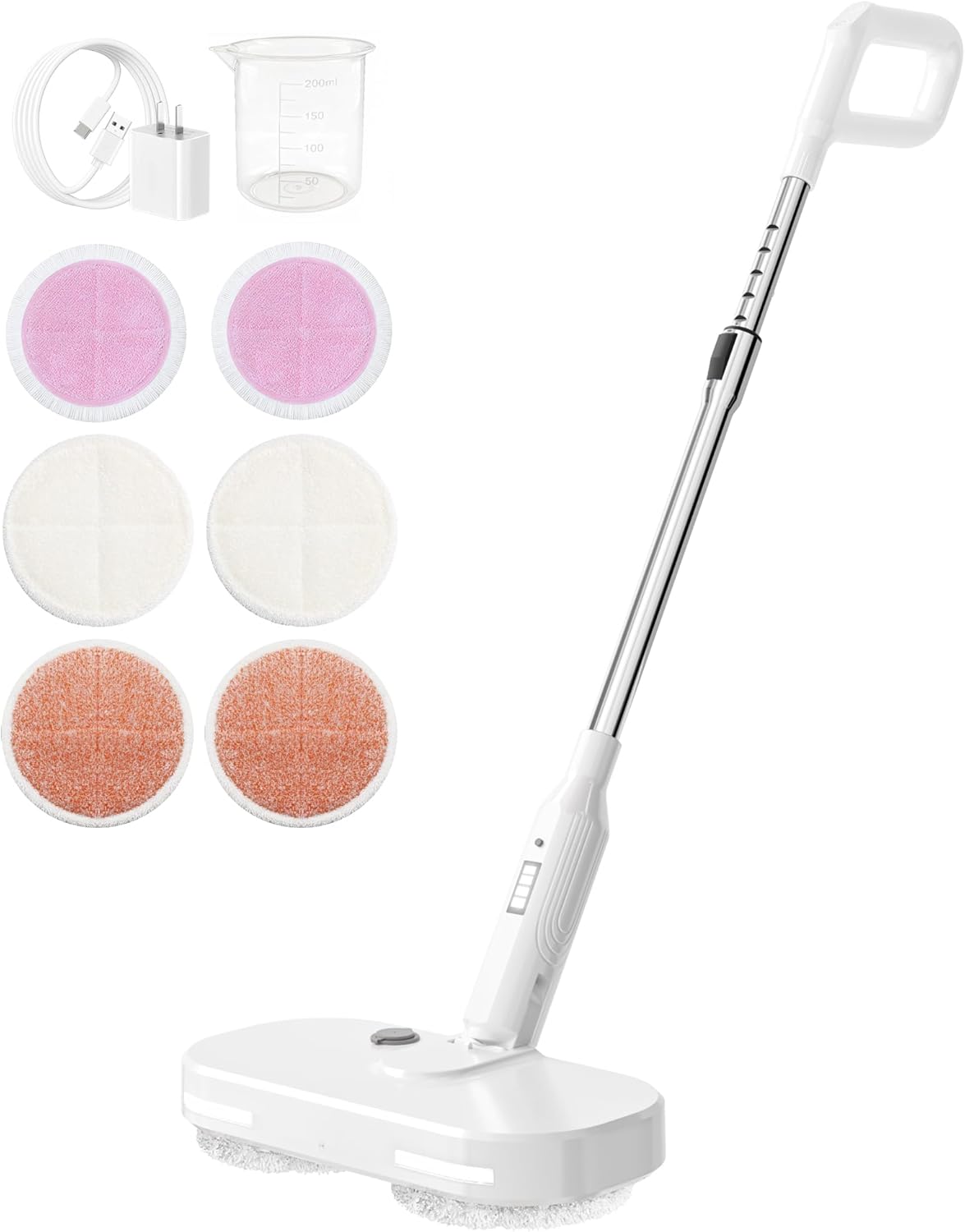 Adjustable Cordless Electric Spin Mop with self-propelled water sprayer/8000mAh Battery/LED Headlight,self-propelled design with 6 Washable mop Pads for Hardwood, Tile Floors, Quiet Cleaning/Waxing